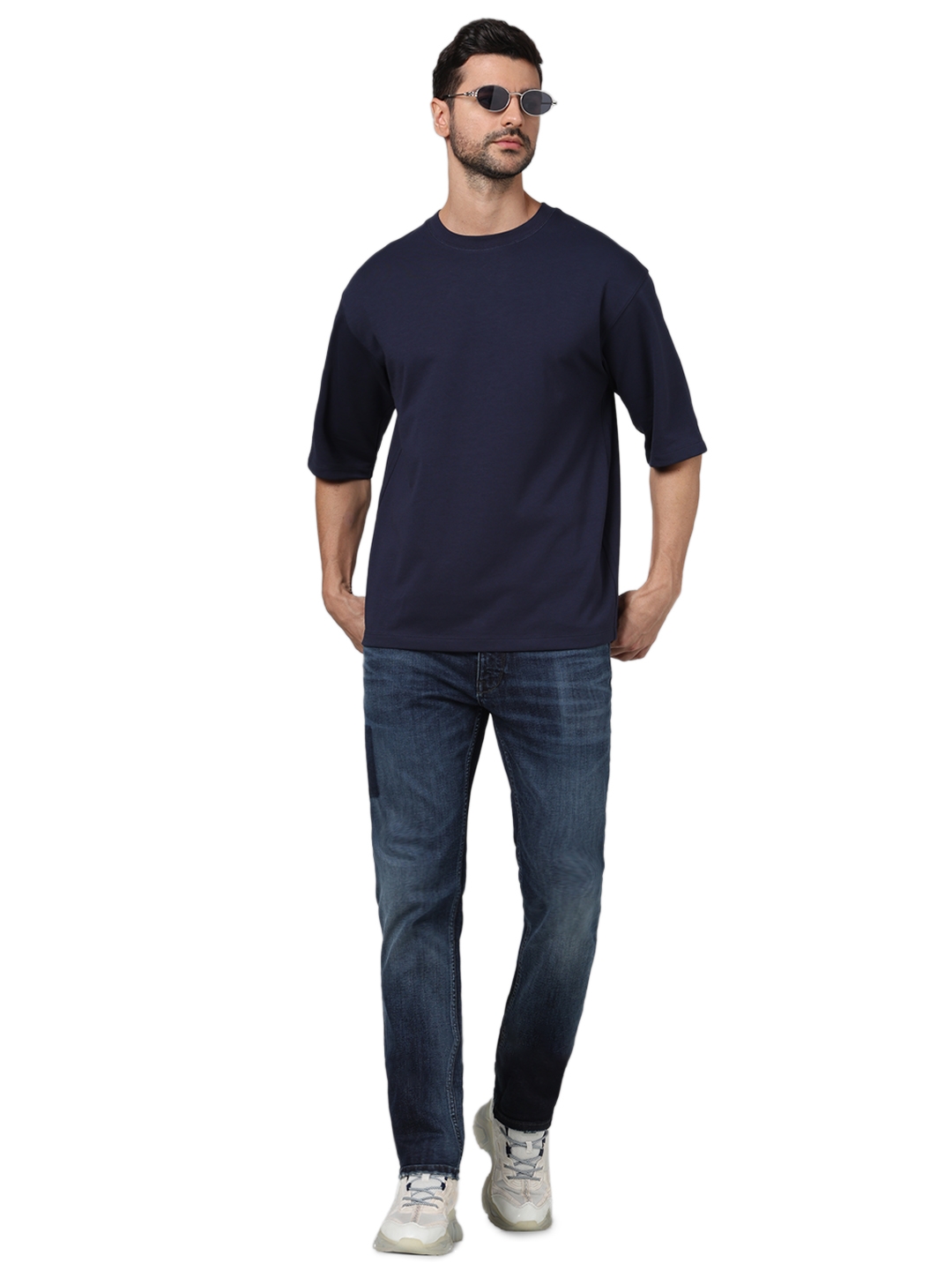 Celio Men Navy Blue Solid Regular Fit Cotton Tshirt