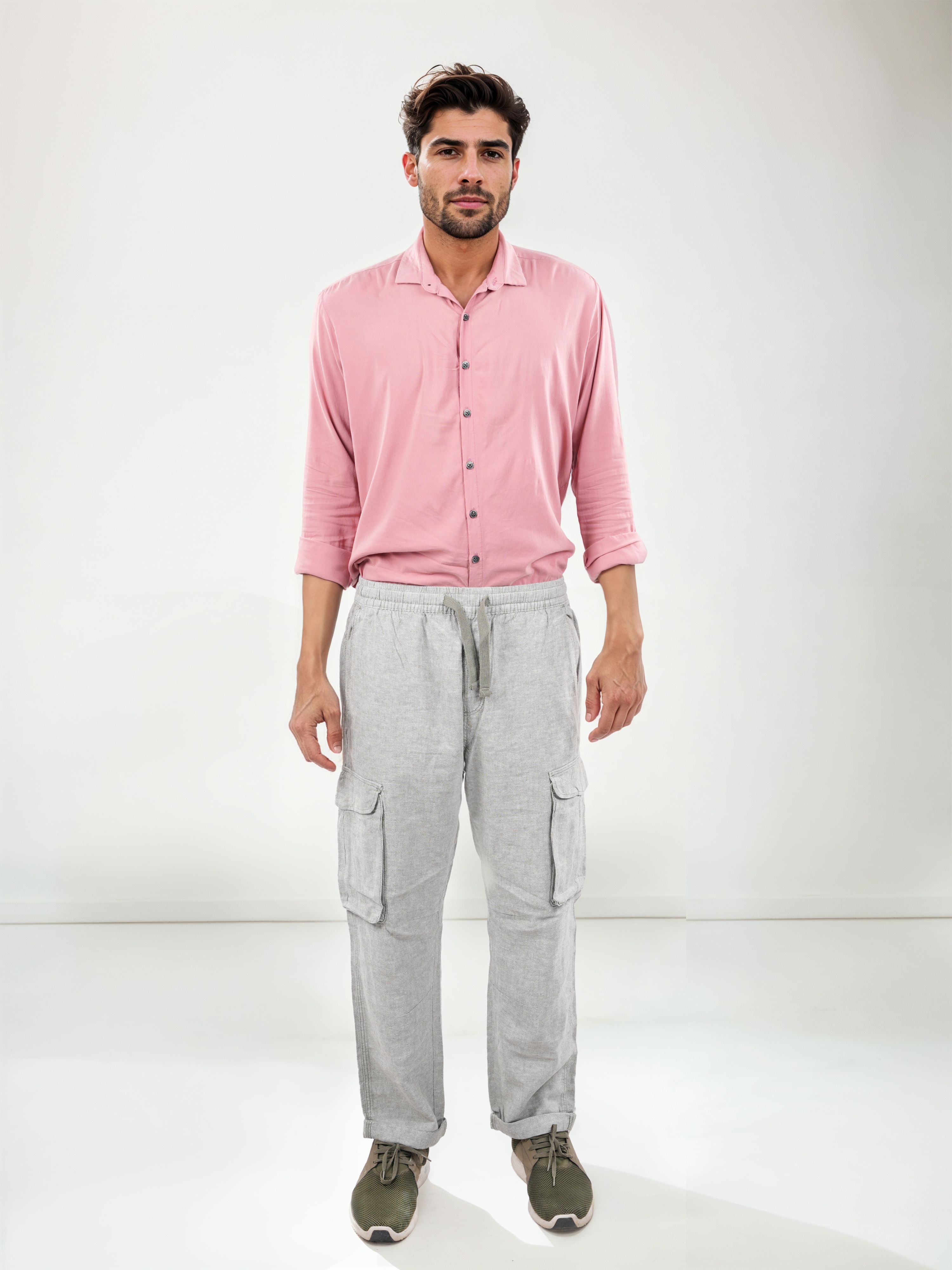 celio | Celio Men Grey Solid Slim Fit Cotton Linen Trousers