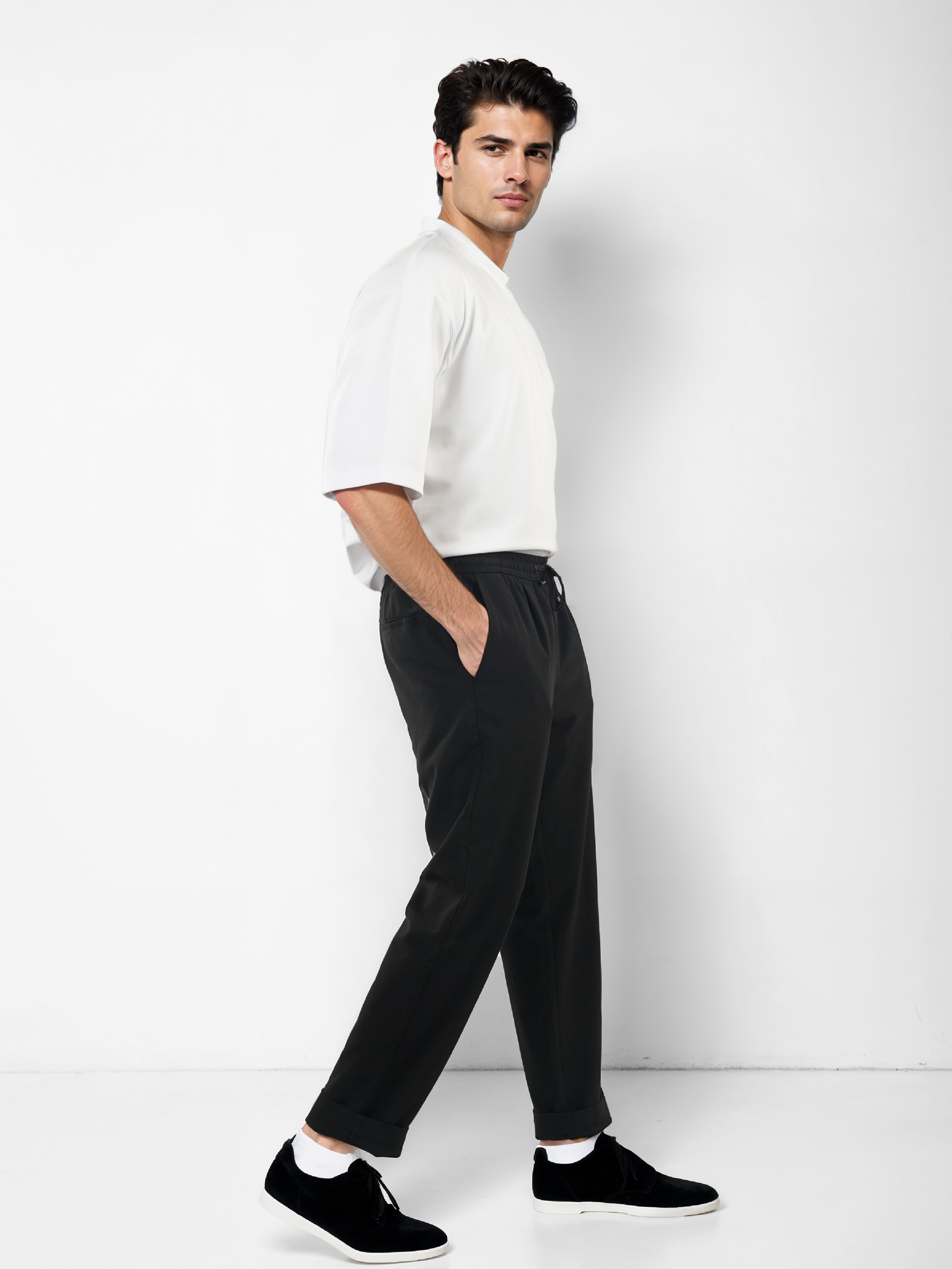Celio Men Black Solid Straight Fit Polyester Trousers
