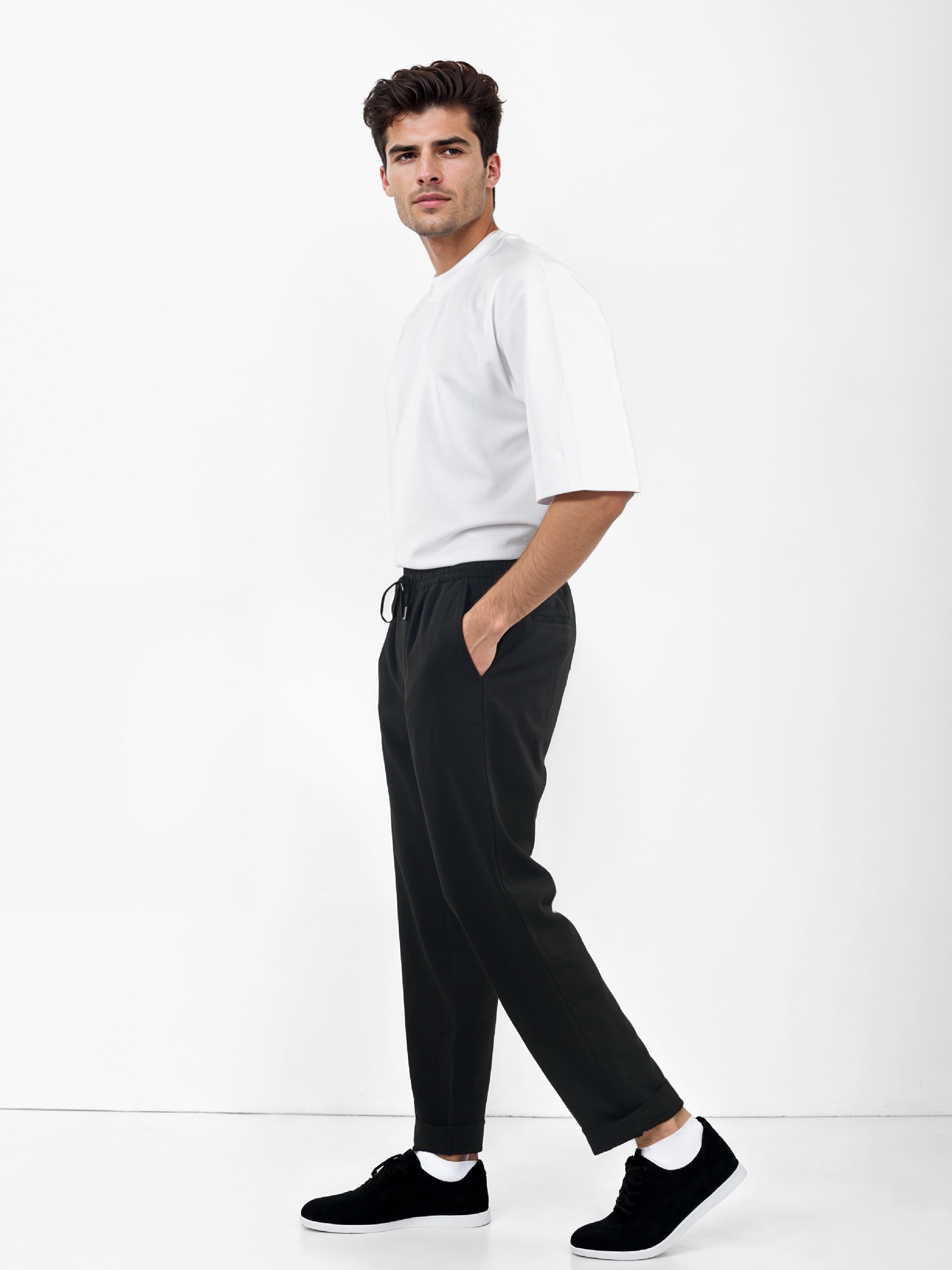 Celio Men Black Solid Straight Fit Polyester Trousers