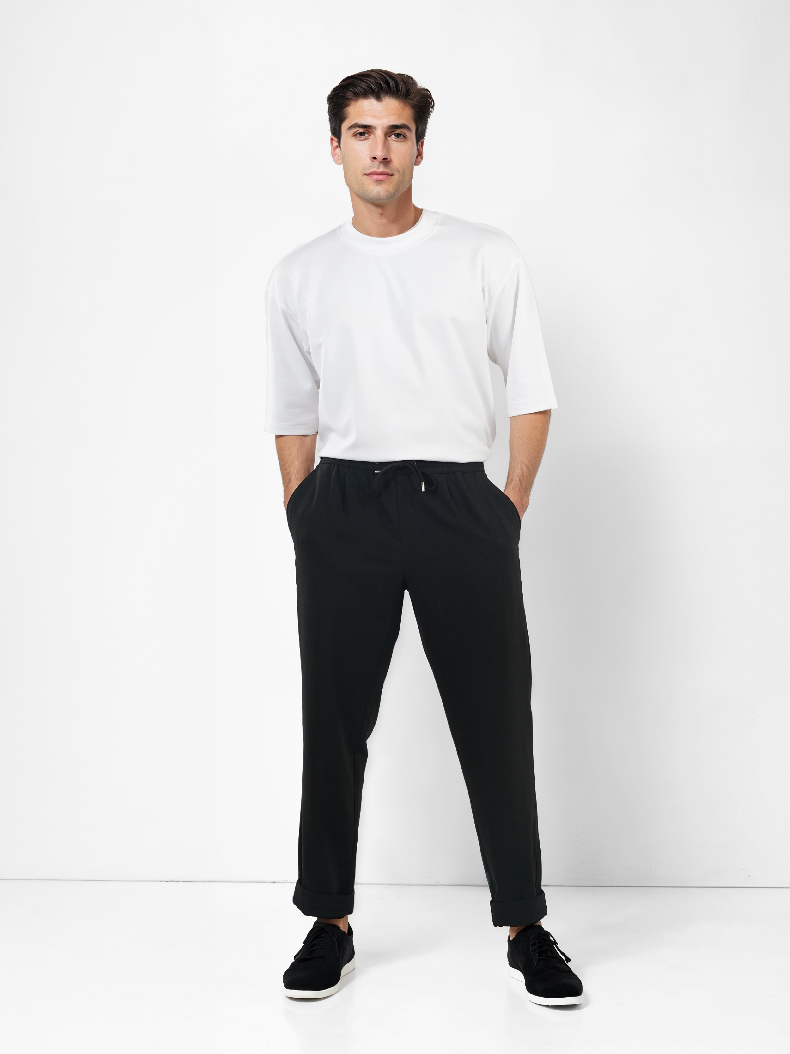 Celio Men Black Solid Straight Fit Polyester Trousers