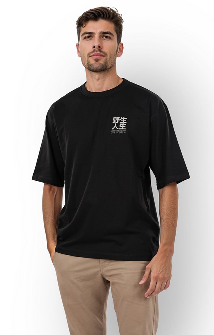 celio | Celio Men Black Printed Oversized Cotton Graphic Tshirts