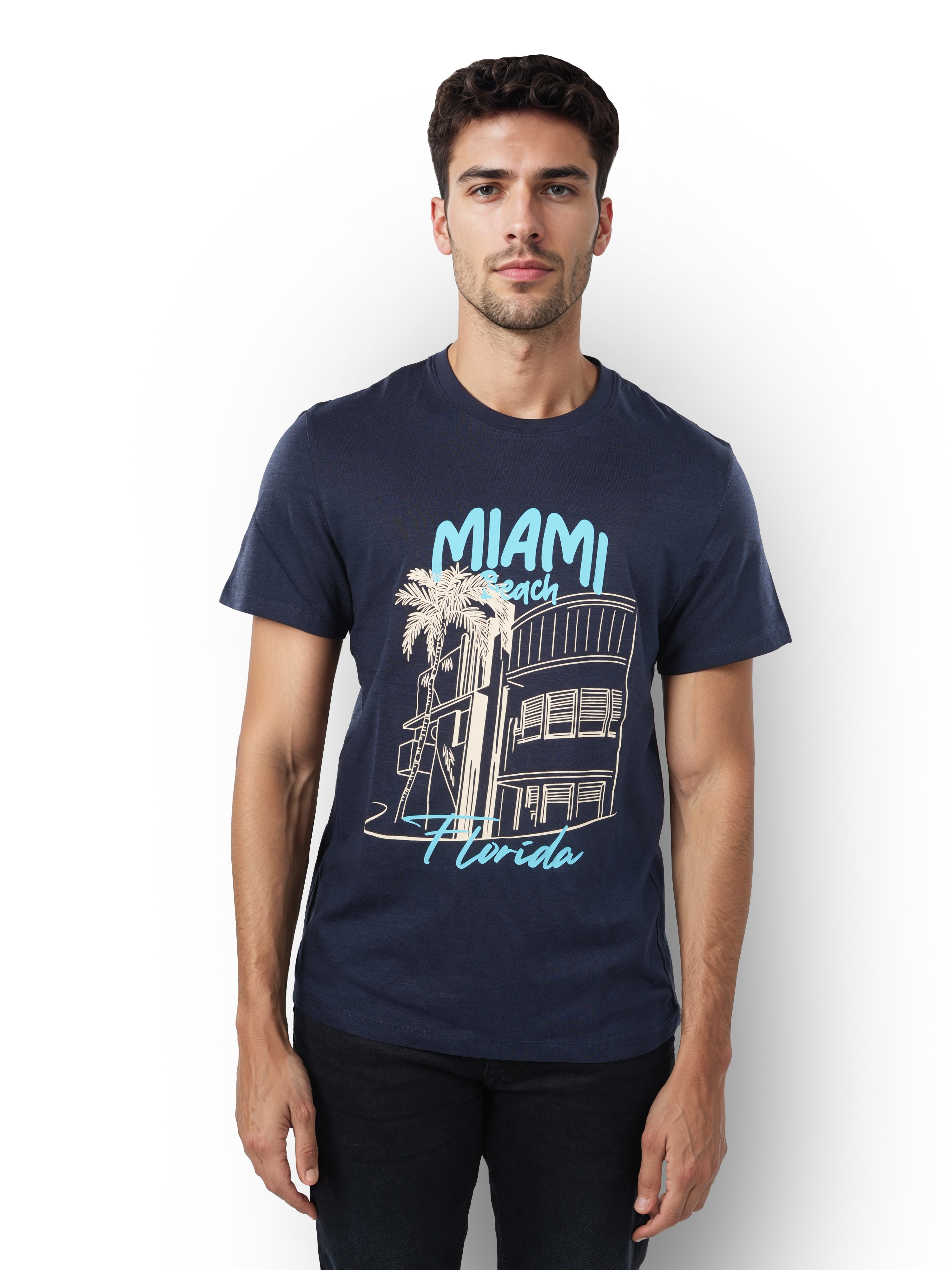 celio | Celio Men Navy Blue Regular Fit Cotton Graphic Tshirts