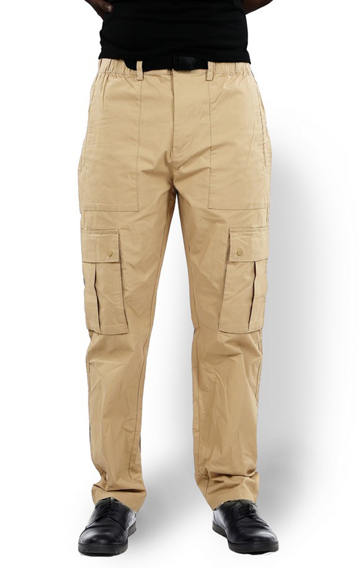 celio | Celio Men Beige Solid Regular Fit Cotton Cargo Trousers