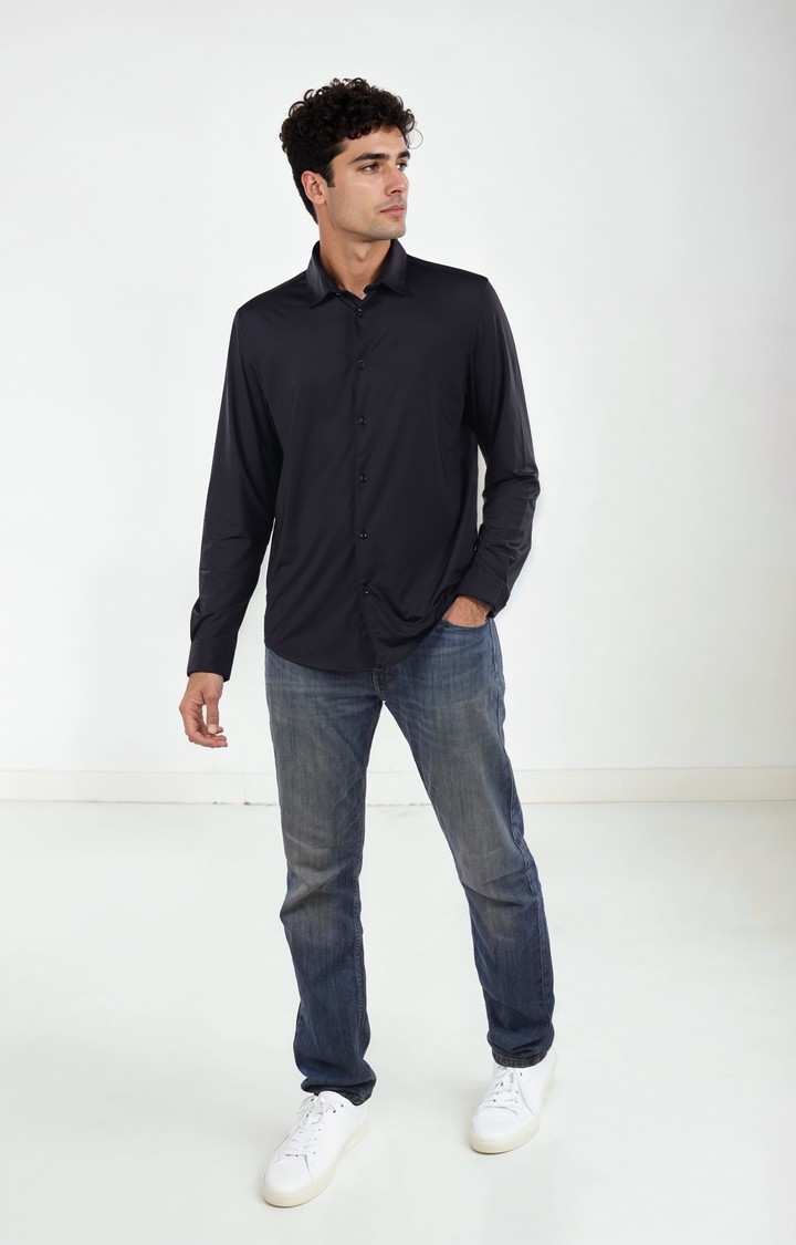 Celio Men Black Solid Regular Fit Nylon Knit Shirts