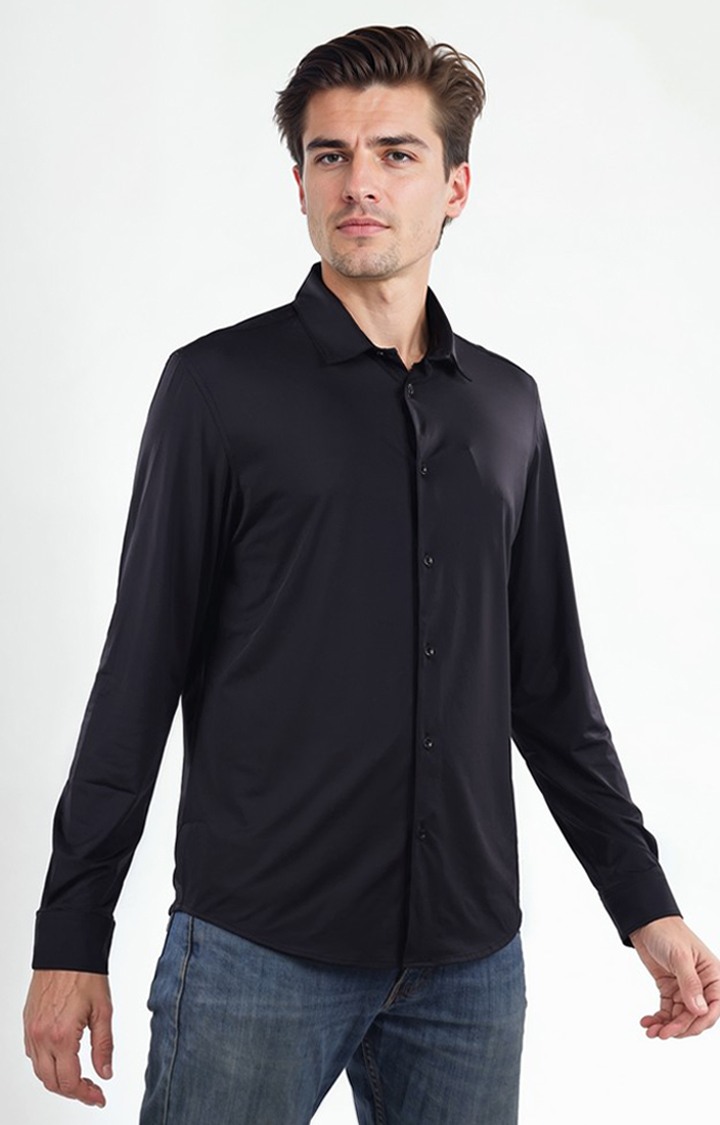 Celio Men Black Solid Regular Fit Nylon Knit Shirts
