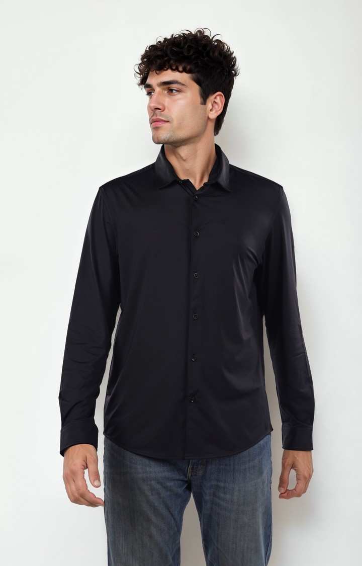 Celio Men Black Solid Regular Fit Nylon Knit Shirts