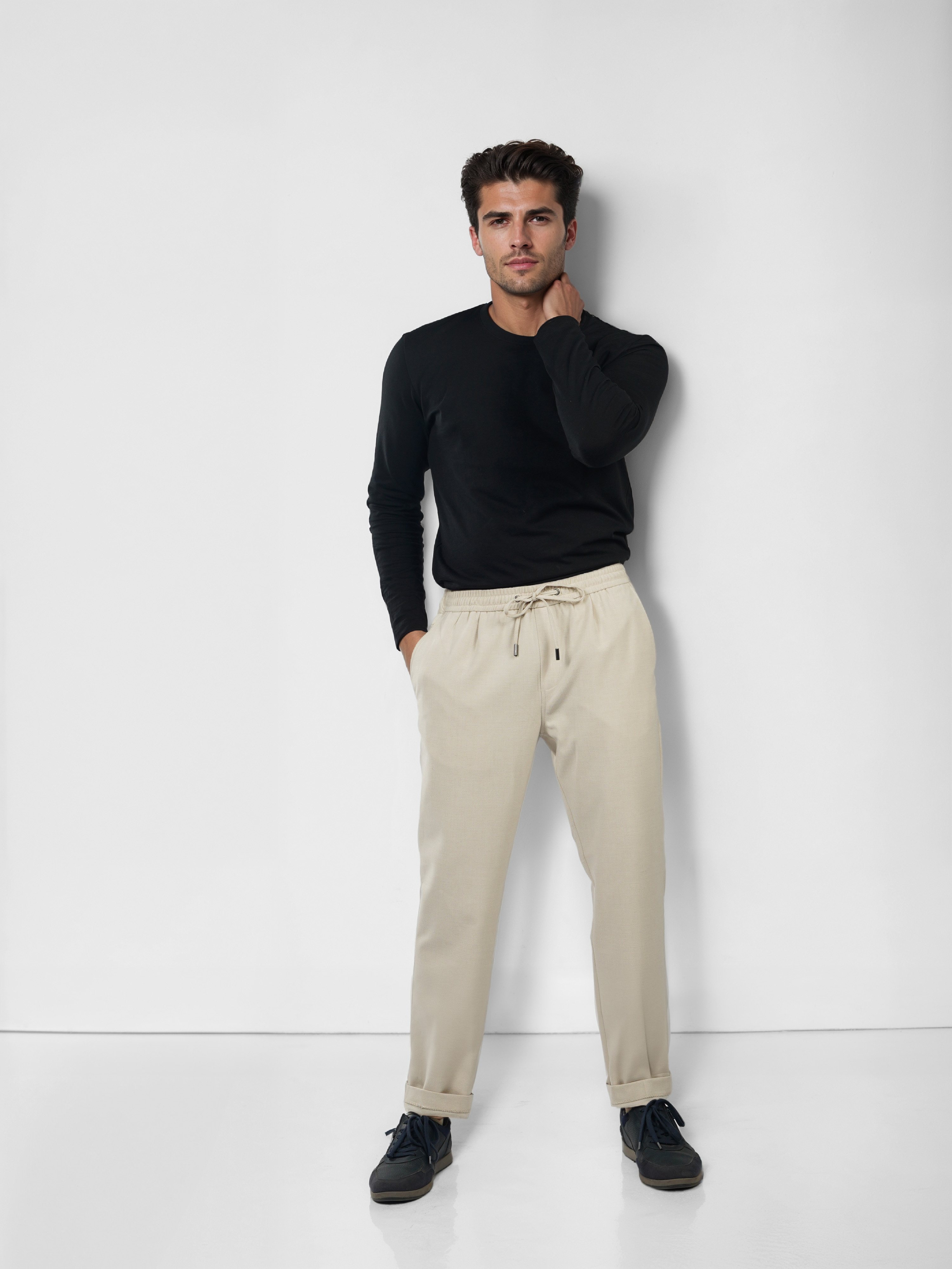Celio Men Beige Solid Straight Fit Polyester Trousers