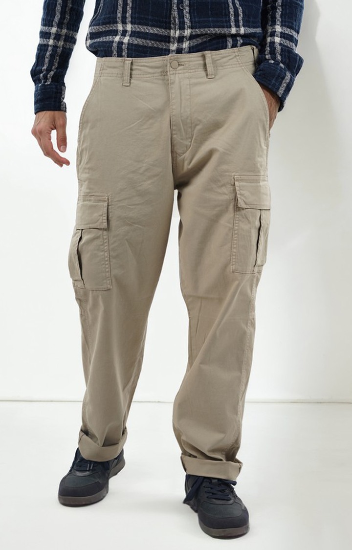 Celio Men Beige Solid Straight Fit Cotton Cargo Trousers