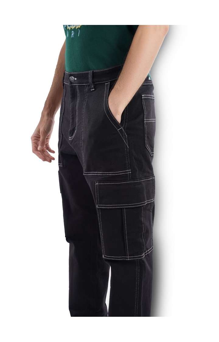 Celio Men Black Solid Regular Fit Cotton Cargo Trousers