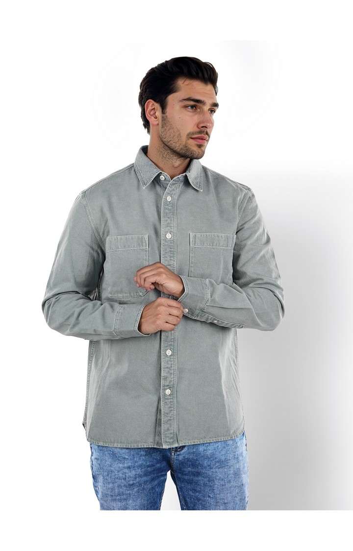 Celio Men Green Solid Regular Fit Cotton Denim Shirts
