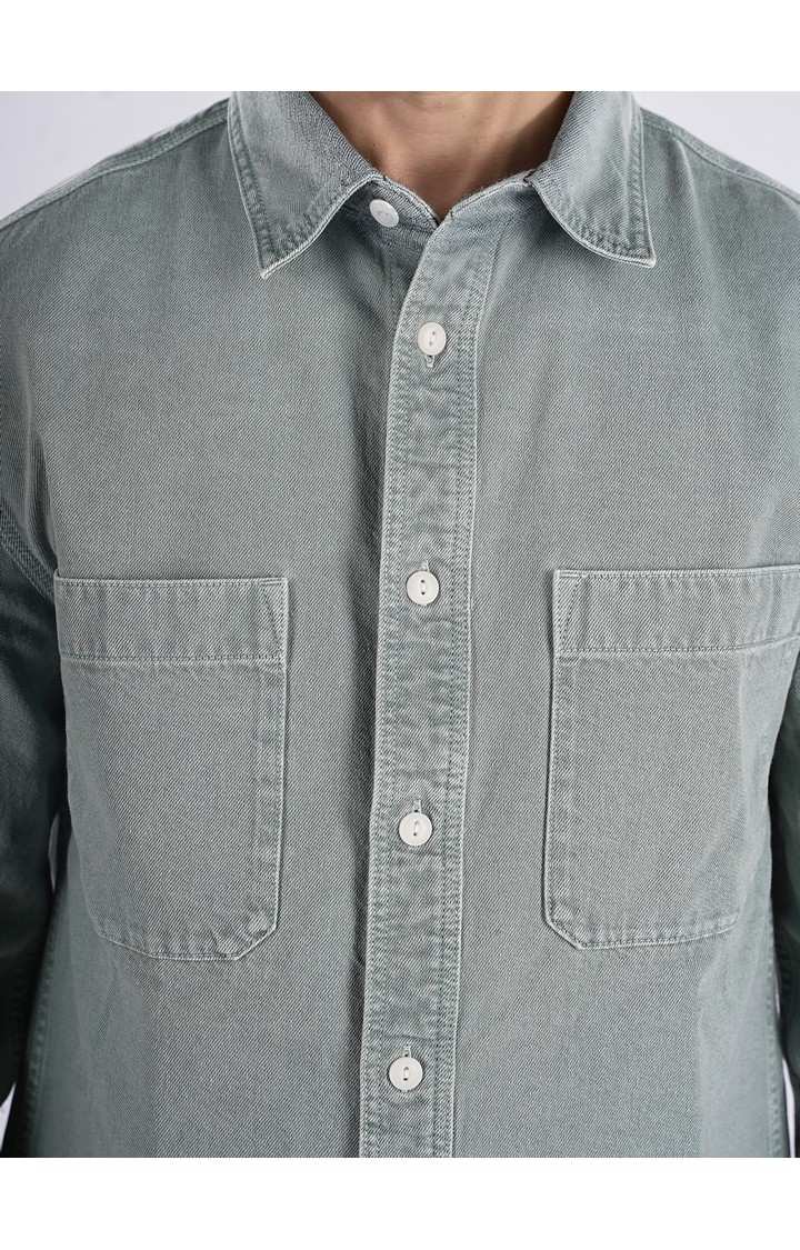 Celio Men Green Solid Regular Fit Cotton Denim Shirts