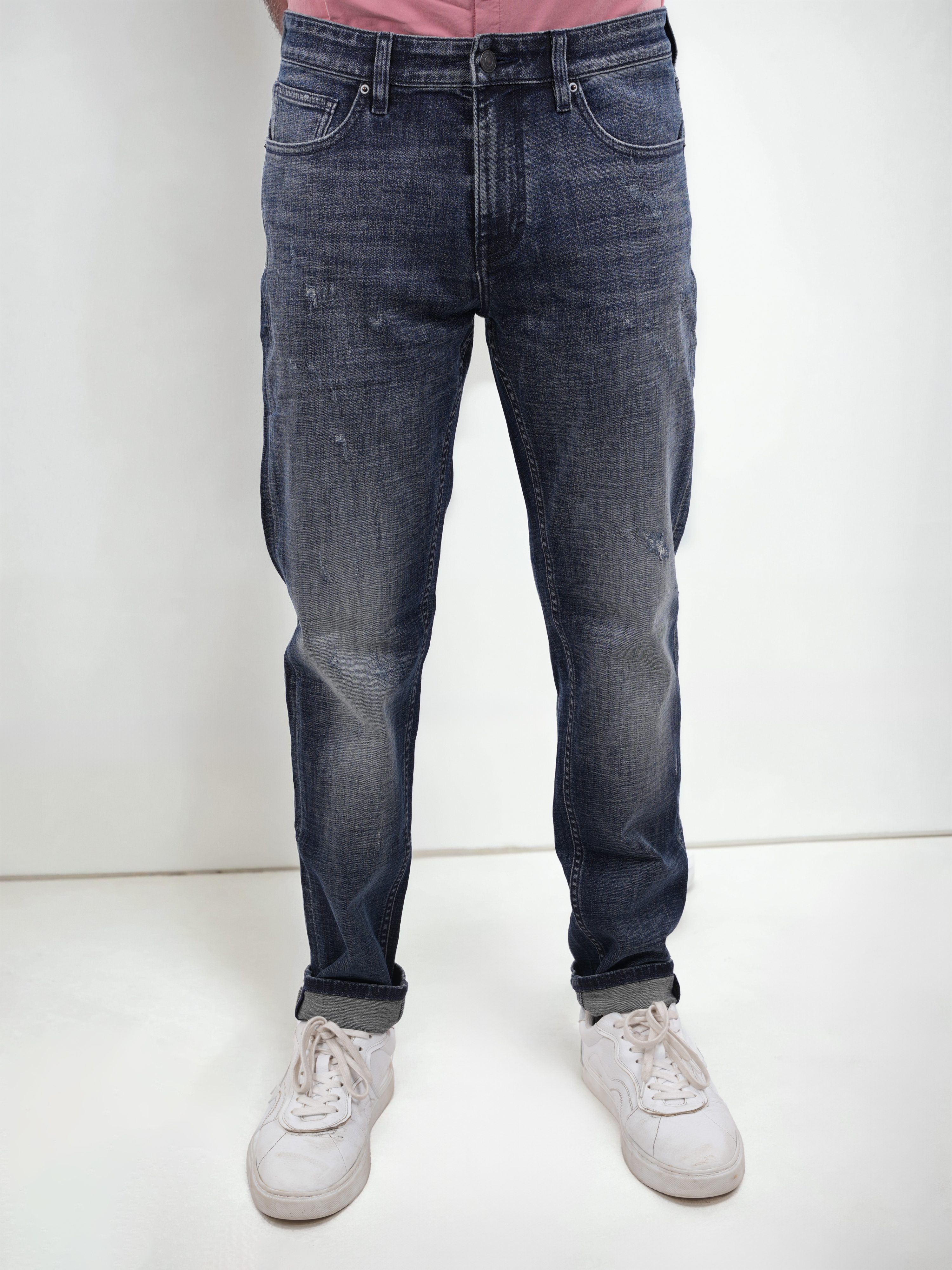 celio | Celio Men Green Solid Slim Fit Cotton Distress Denim Jeans