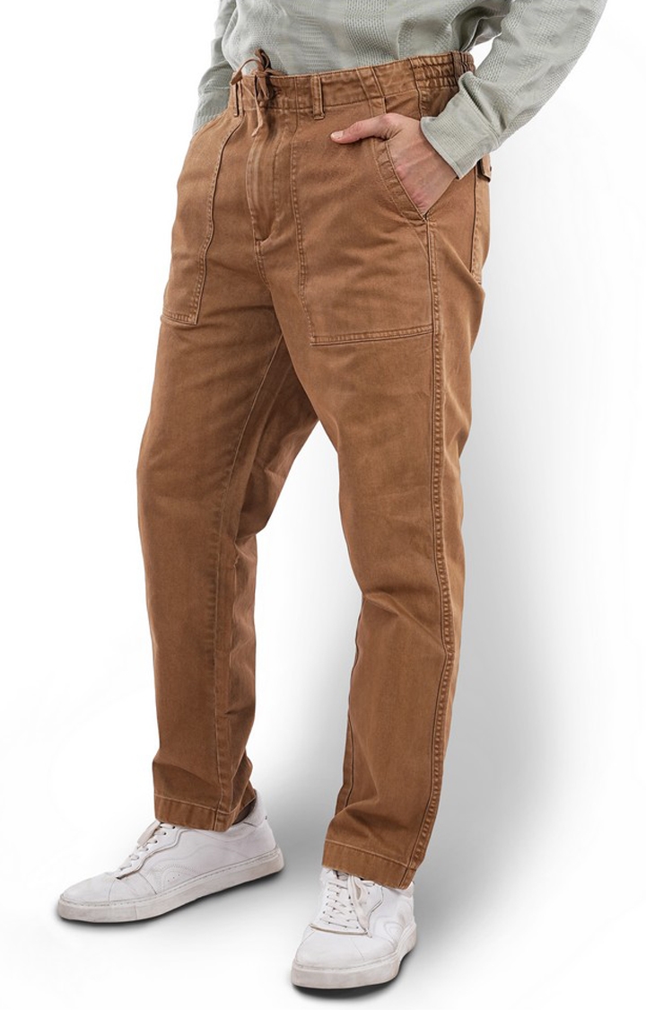celio | Celio Men Brown Solid Regular Fit Cotton Fashion Trousers