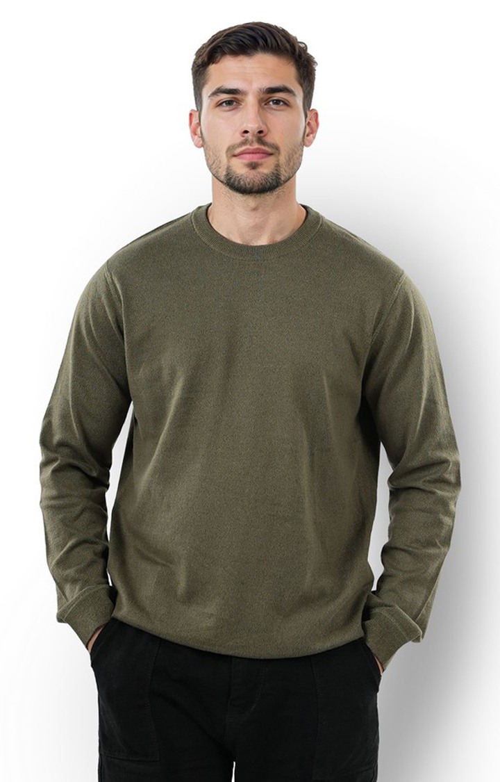 Celio Men Khaki Solid Regular Fit Cotton Sweater
