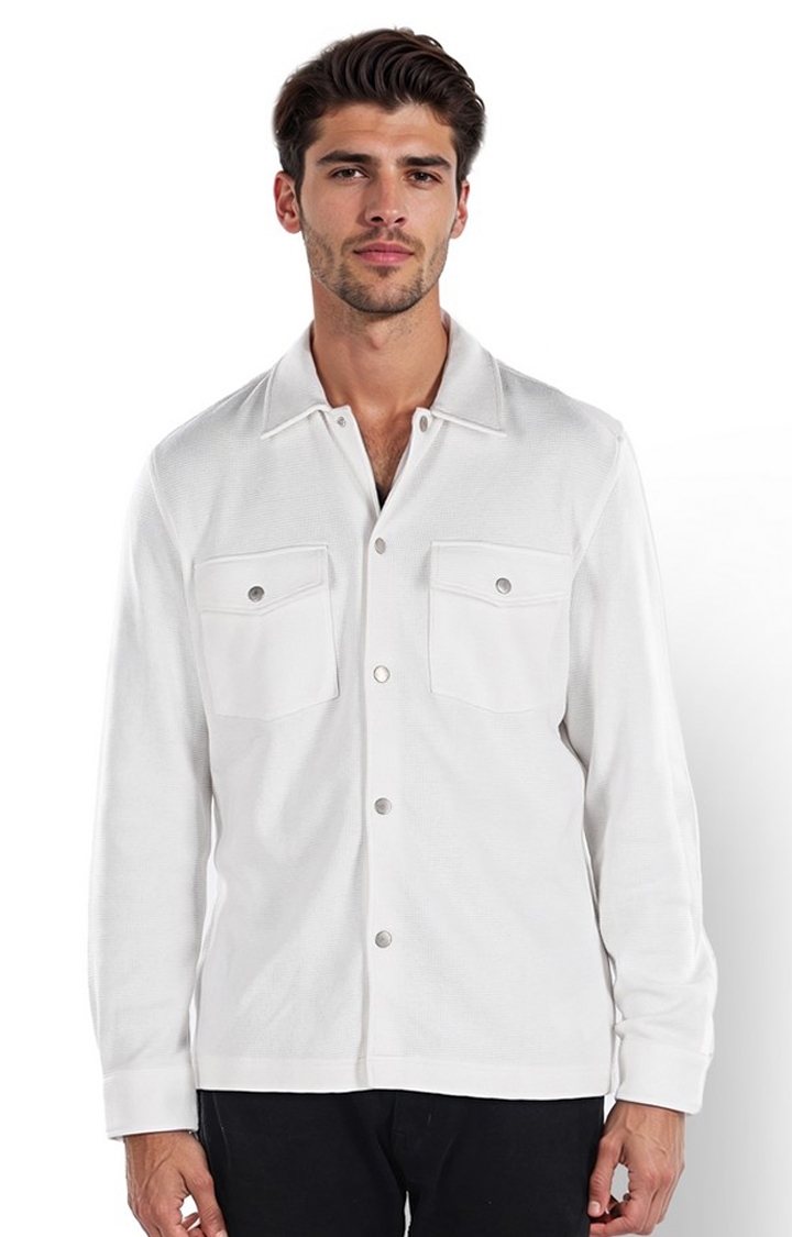 Celio Men Off White Solid Oversized Cotton Shirts