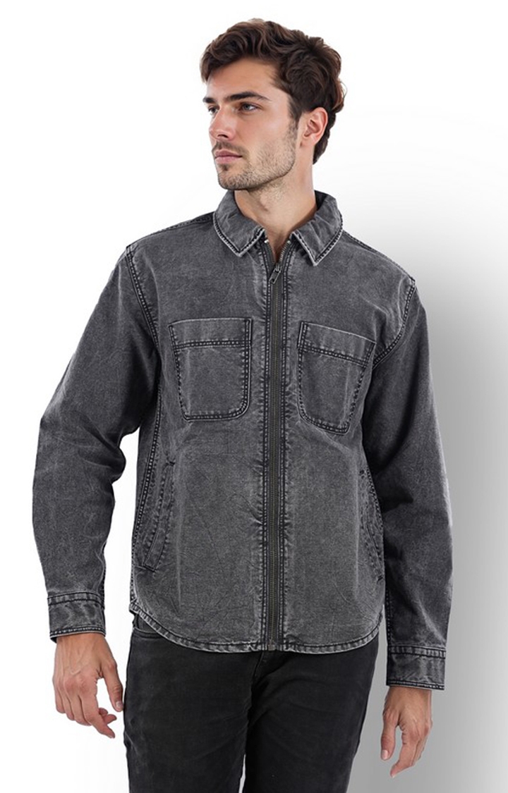 celio | Celio Men Grey Solid Regular Fit Cotton Overshirt Shirts