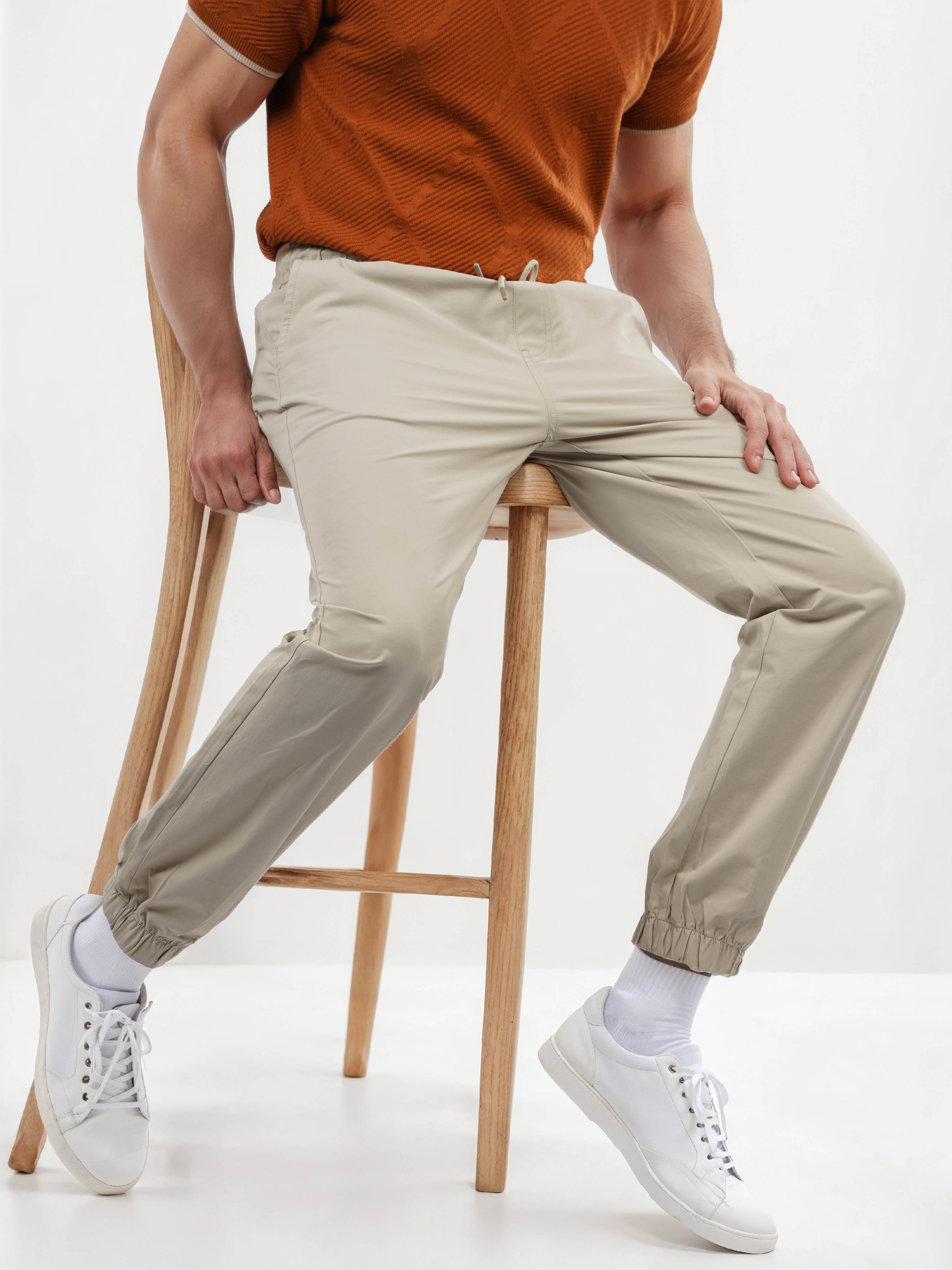 Celio Men Beige Solid Regular Fit Cotton Trousers