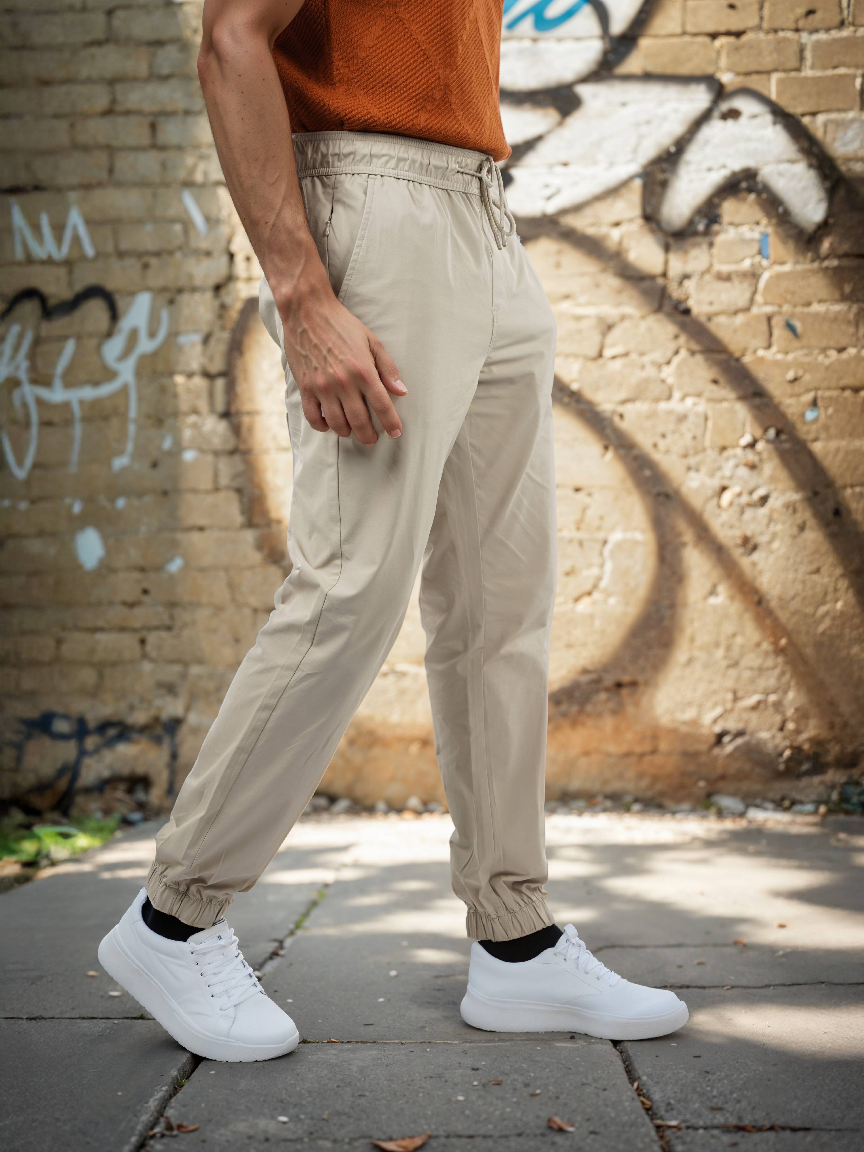 Celio Men Beige Solid Regular Fit Cotton Trousers