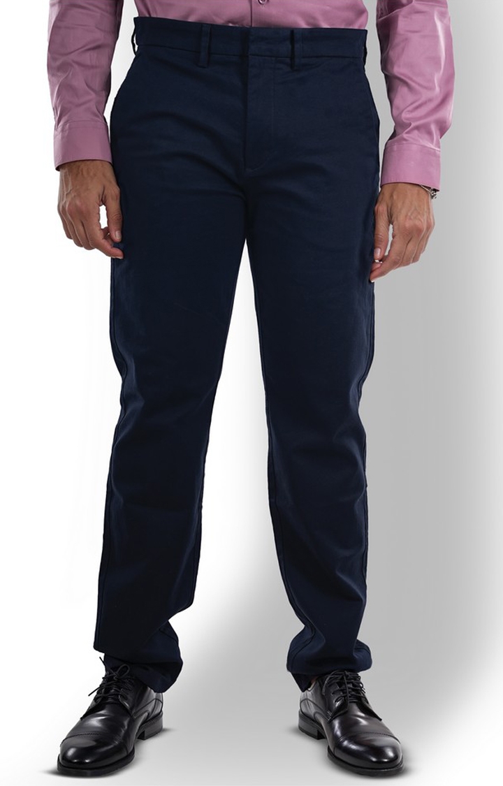 celio | Celio Men Navy Blue Solid Slim Fit Cotton Stay Trousers