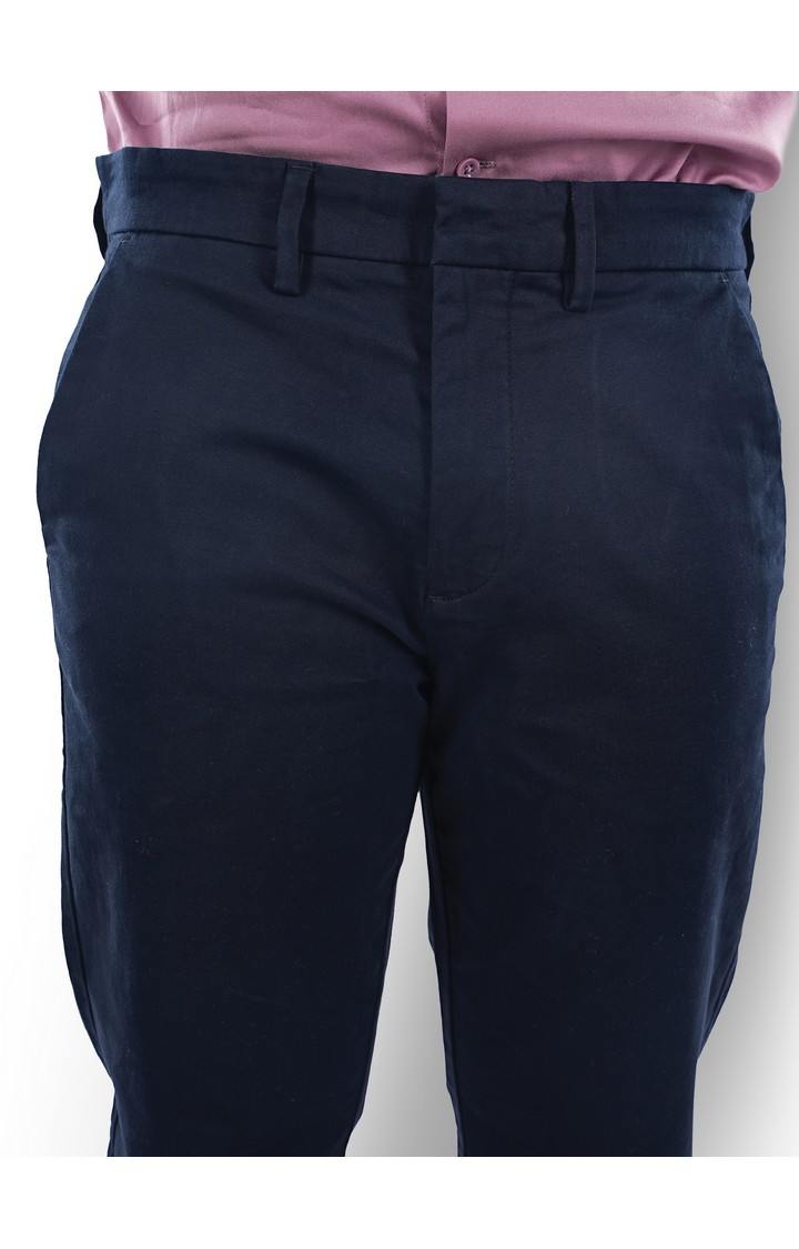 Celio Men Navy Blue Solid Slim Fit Cotton Stay Trousers