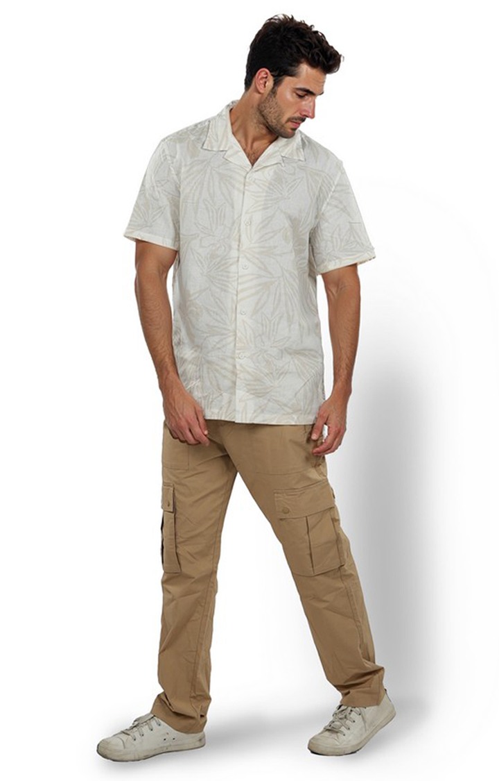 Celio Men Beige Printed Regular Fit Linen Linen Shirt