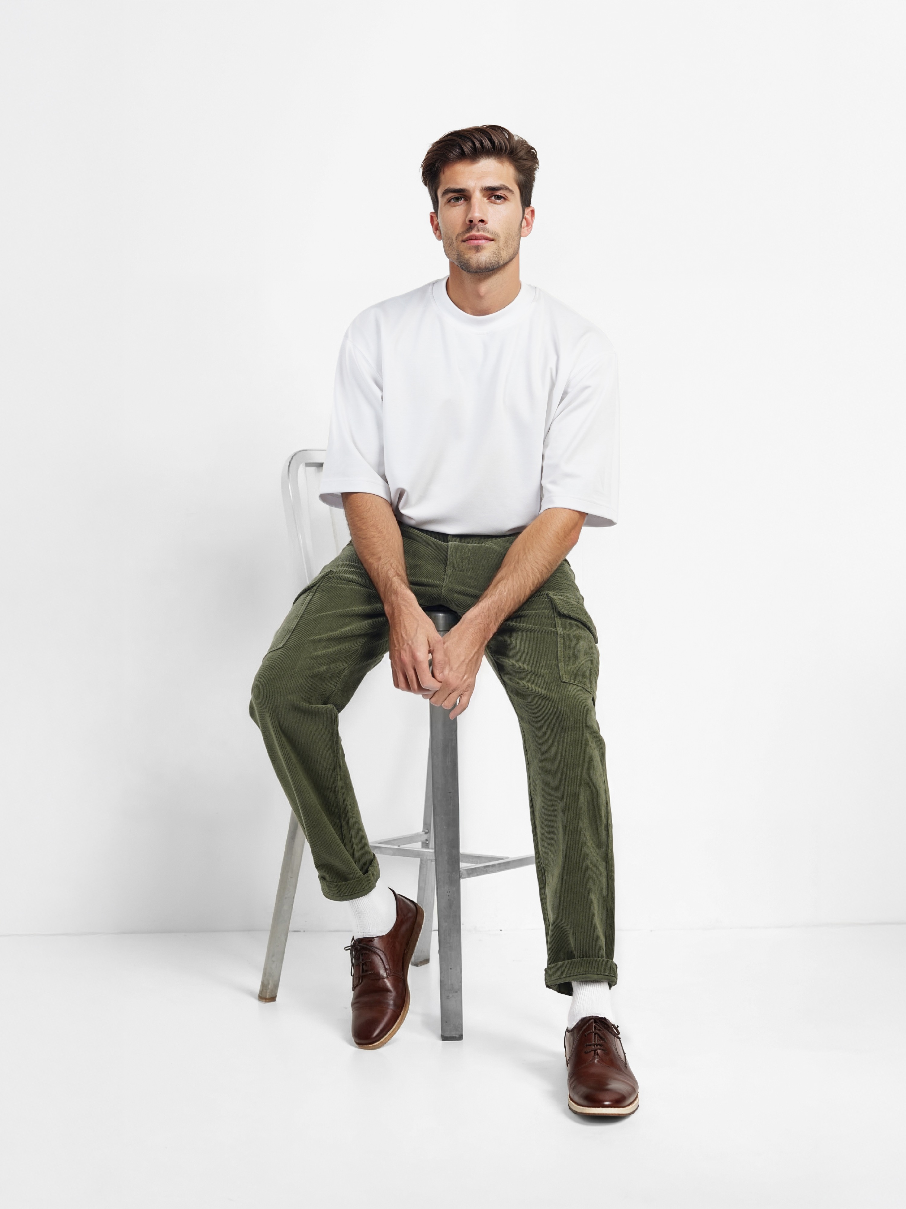 Celio Men Olive Solid Straight Fit Cotton Cargo Trousers