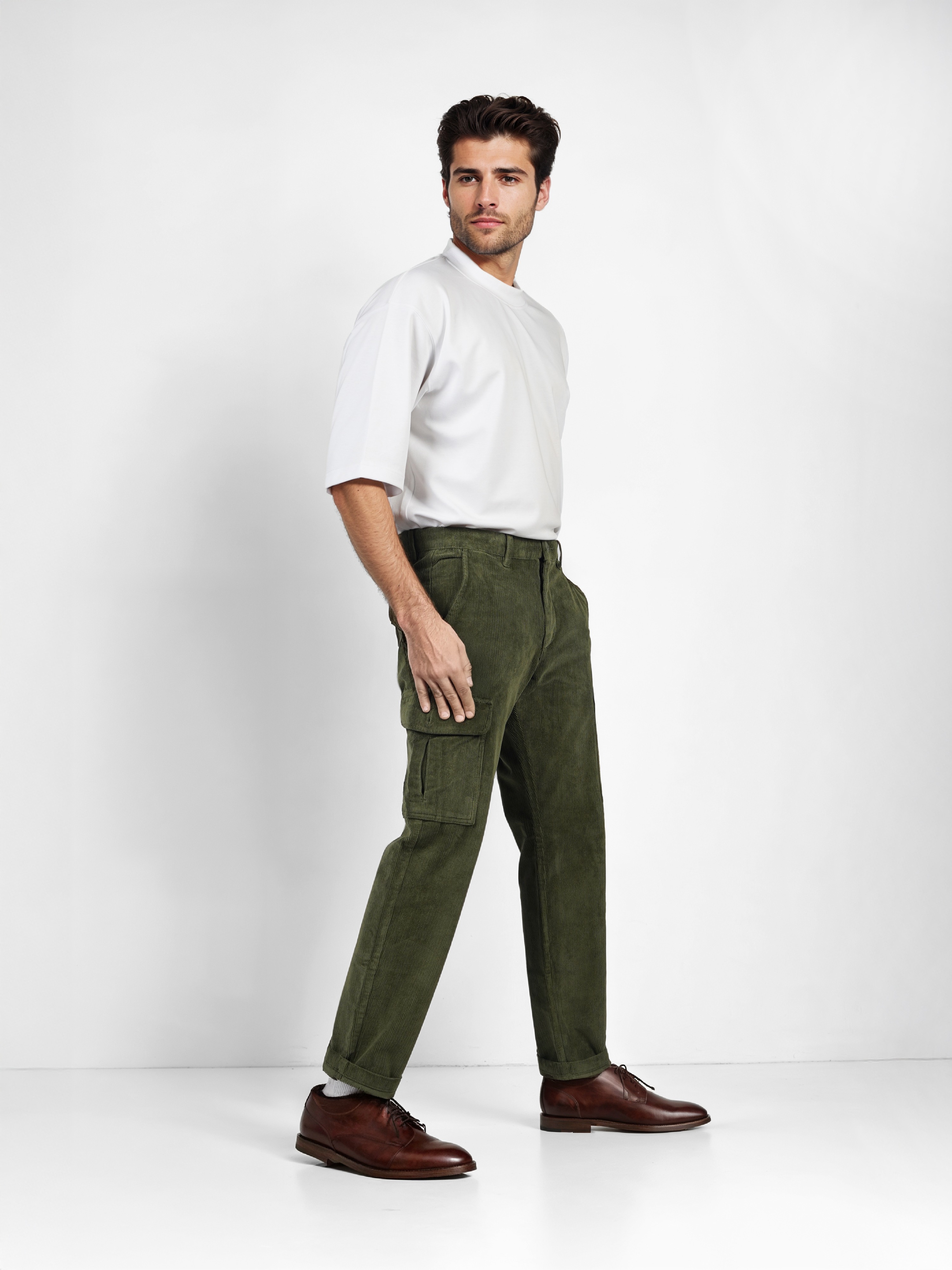 Celio Men Olive Solid Straight Fit Cotton Cargo Trousers