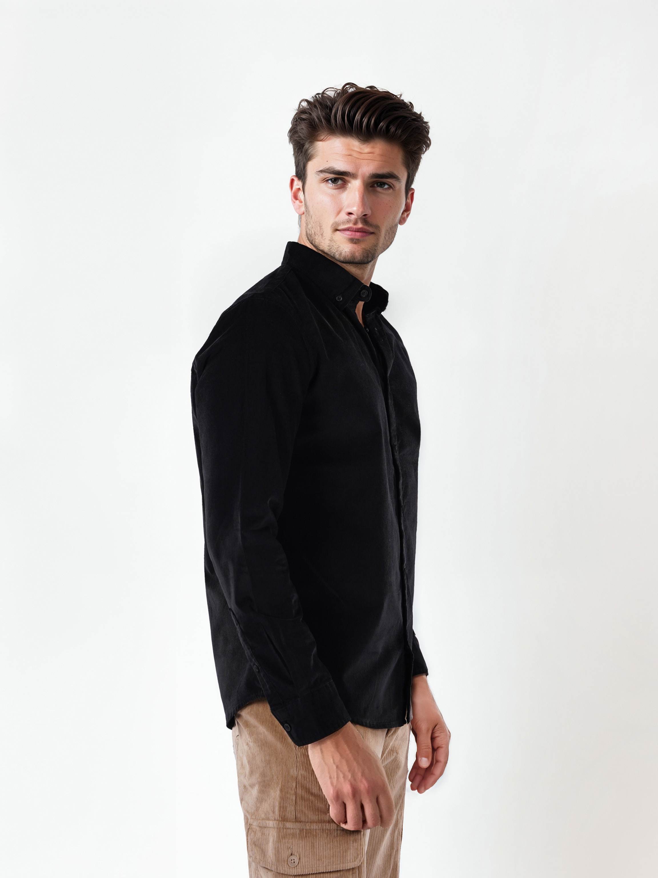 Celio Men Black Solid Regular Fit Cotton Corduroy Shirt
