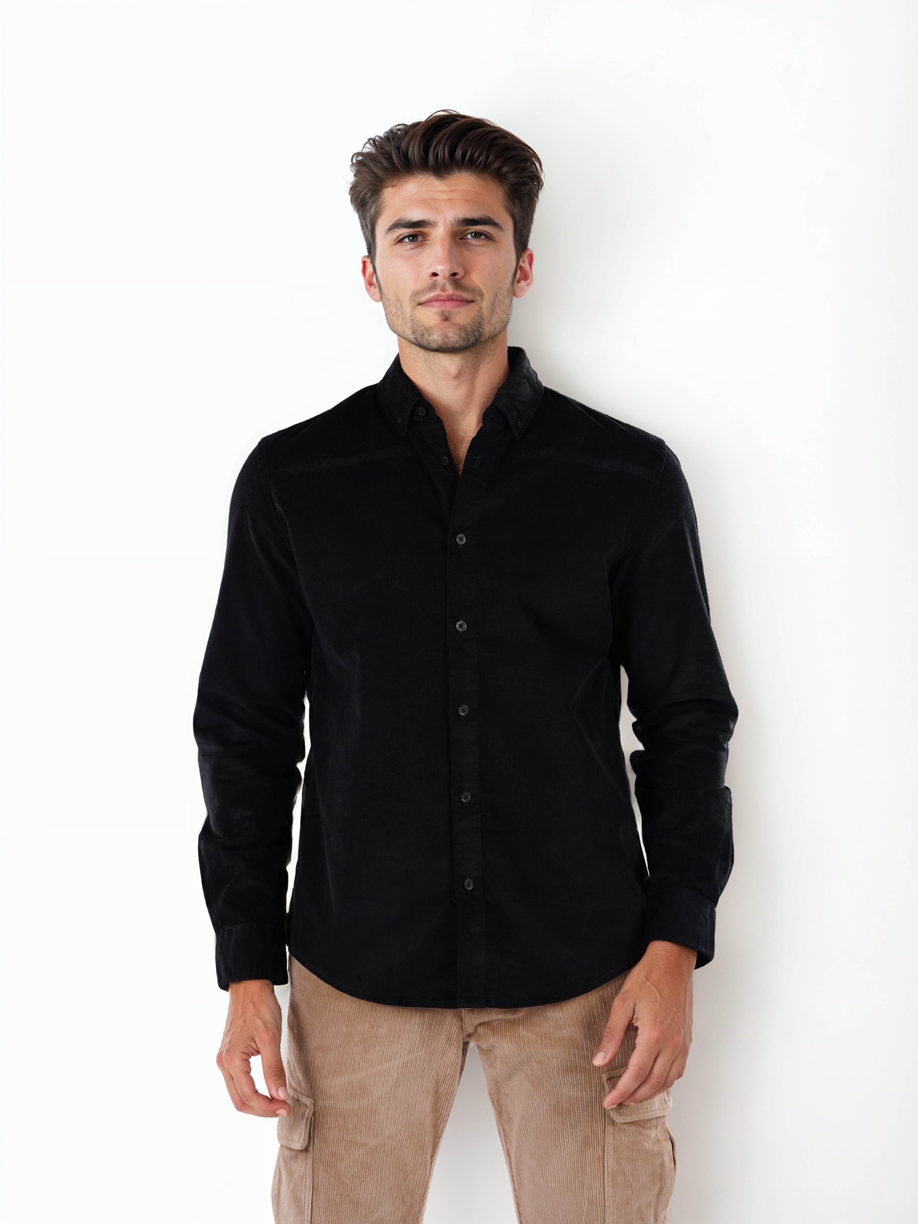 Celio Men Black Solid Regular Fit Cotton Corduroy Shirt