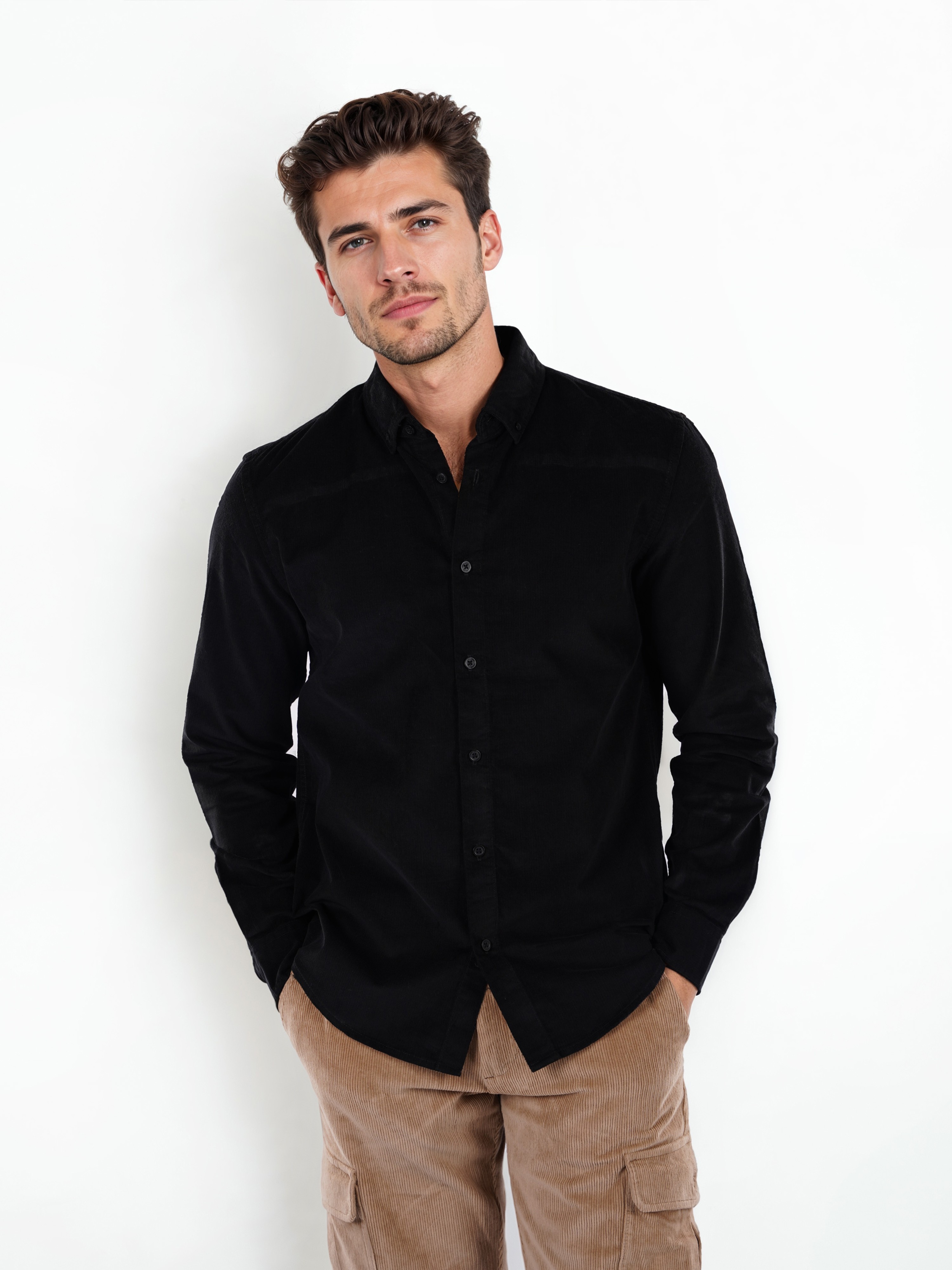 Celio Men Black Solid Regular Fit Cotton Corduroy Shirt