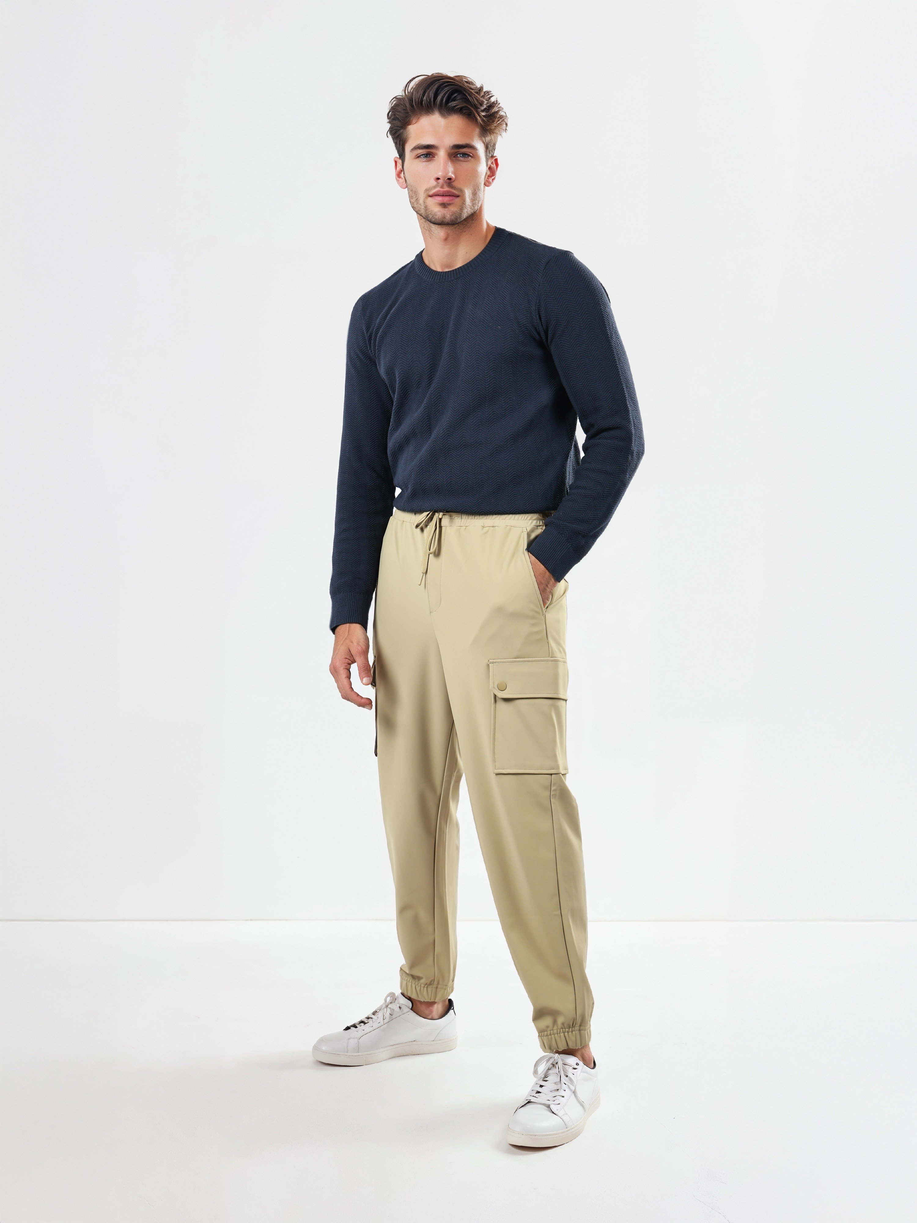 Celio Men Beige Solid Slim Fit Nylon Cargo Trouser