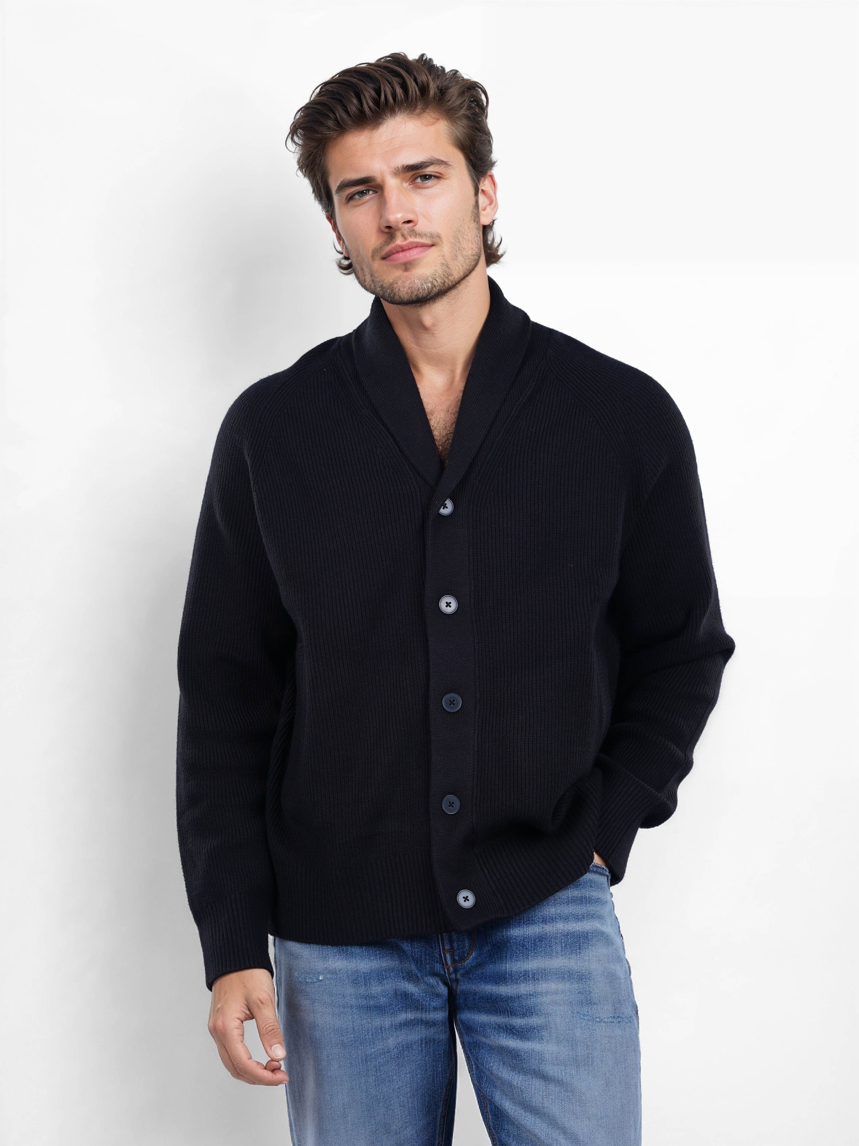 Celio Men Black Solid Relaxed Fit Polyester Cardigan