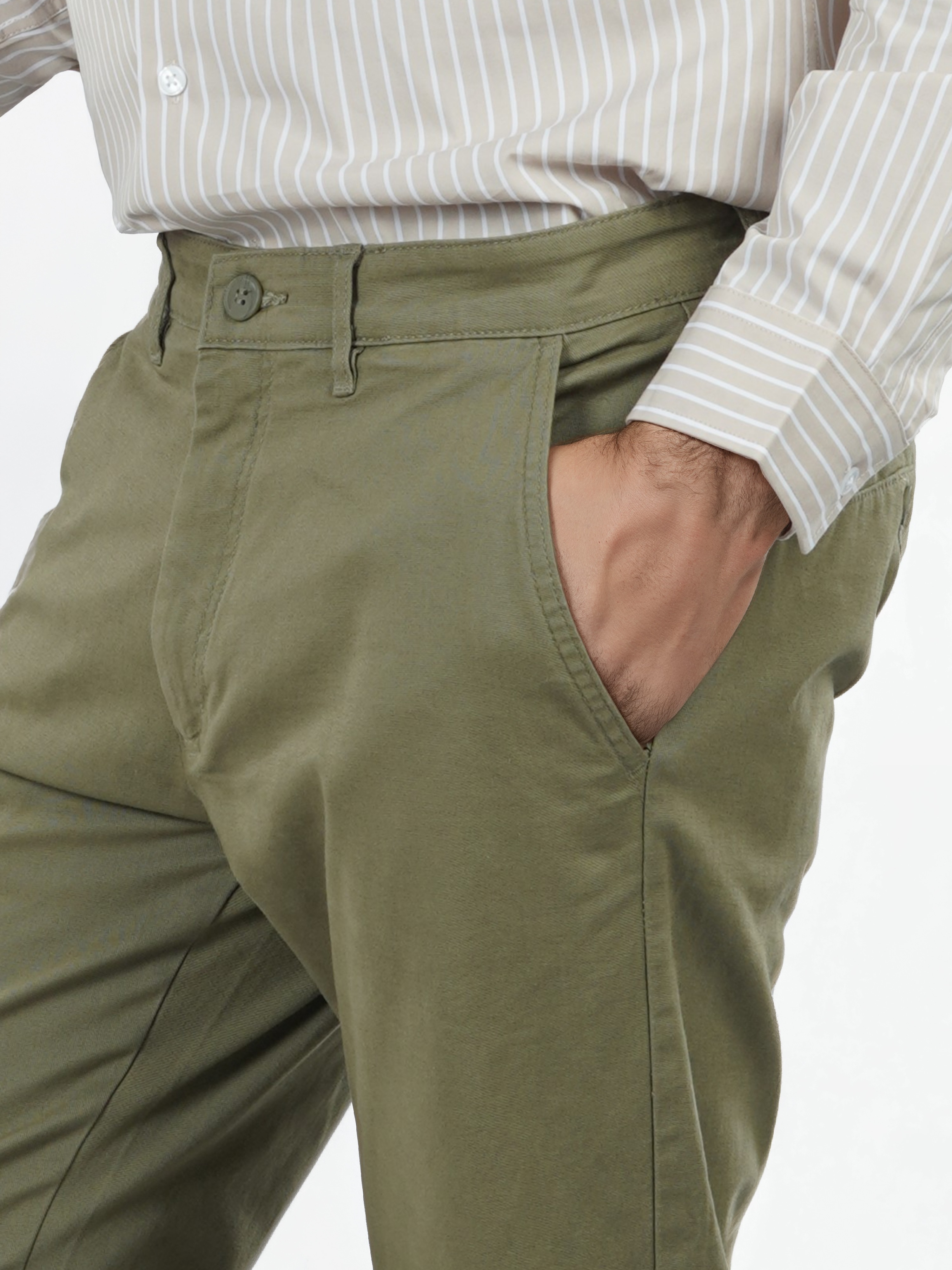 Celio Men Olive Solid Slim Fit Cotton Trousers