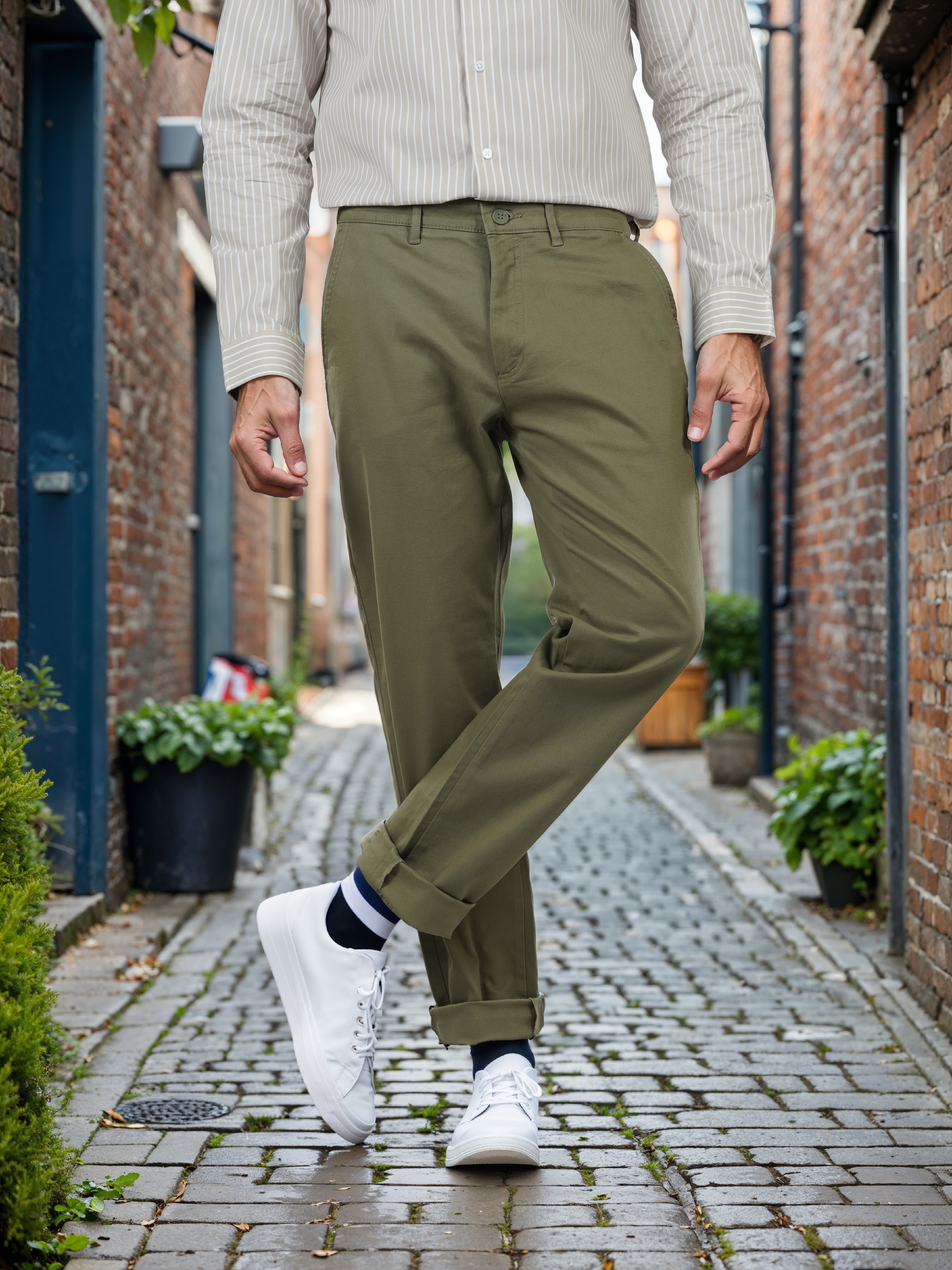 Celio Men Olive Solid Slim Fit Cotton Trousers