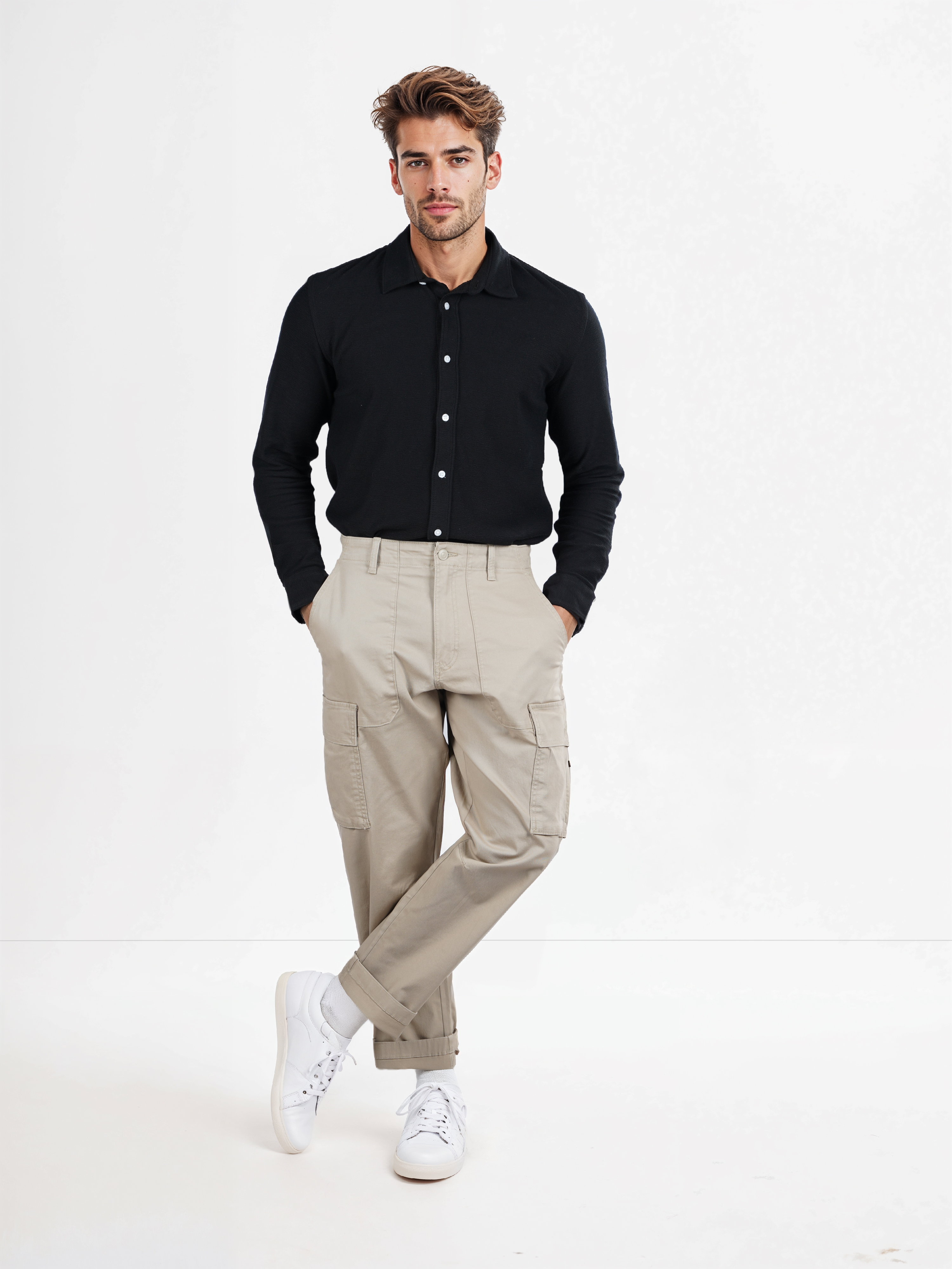 Celio Men Beige Solid Slim Fit Cotton Cargos