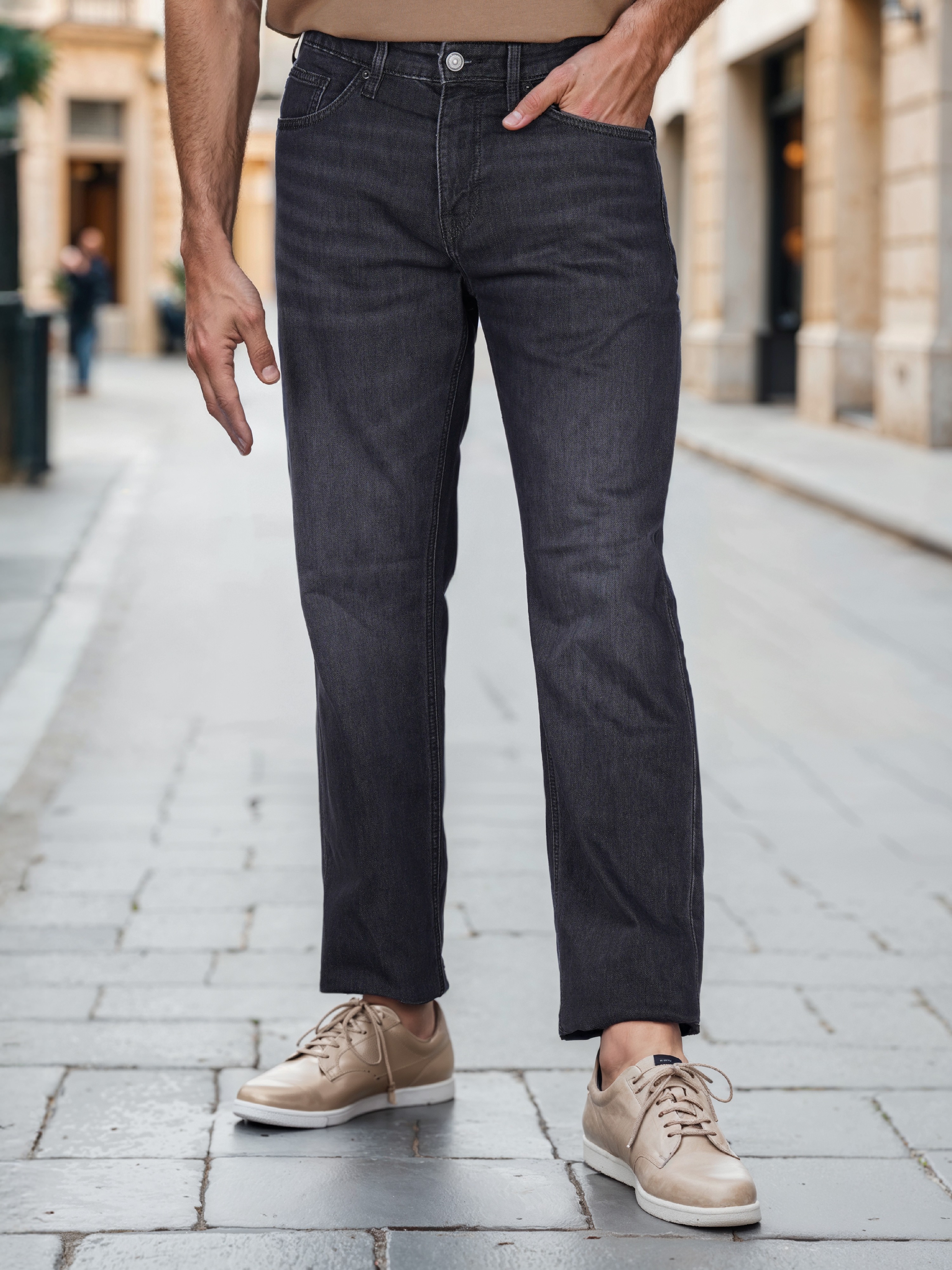 Celio Men Grey Solid Regular Fit Polyester-Blend Jeans