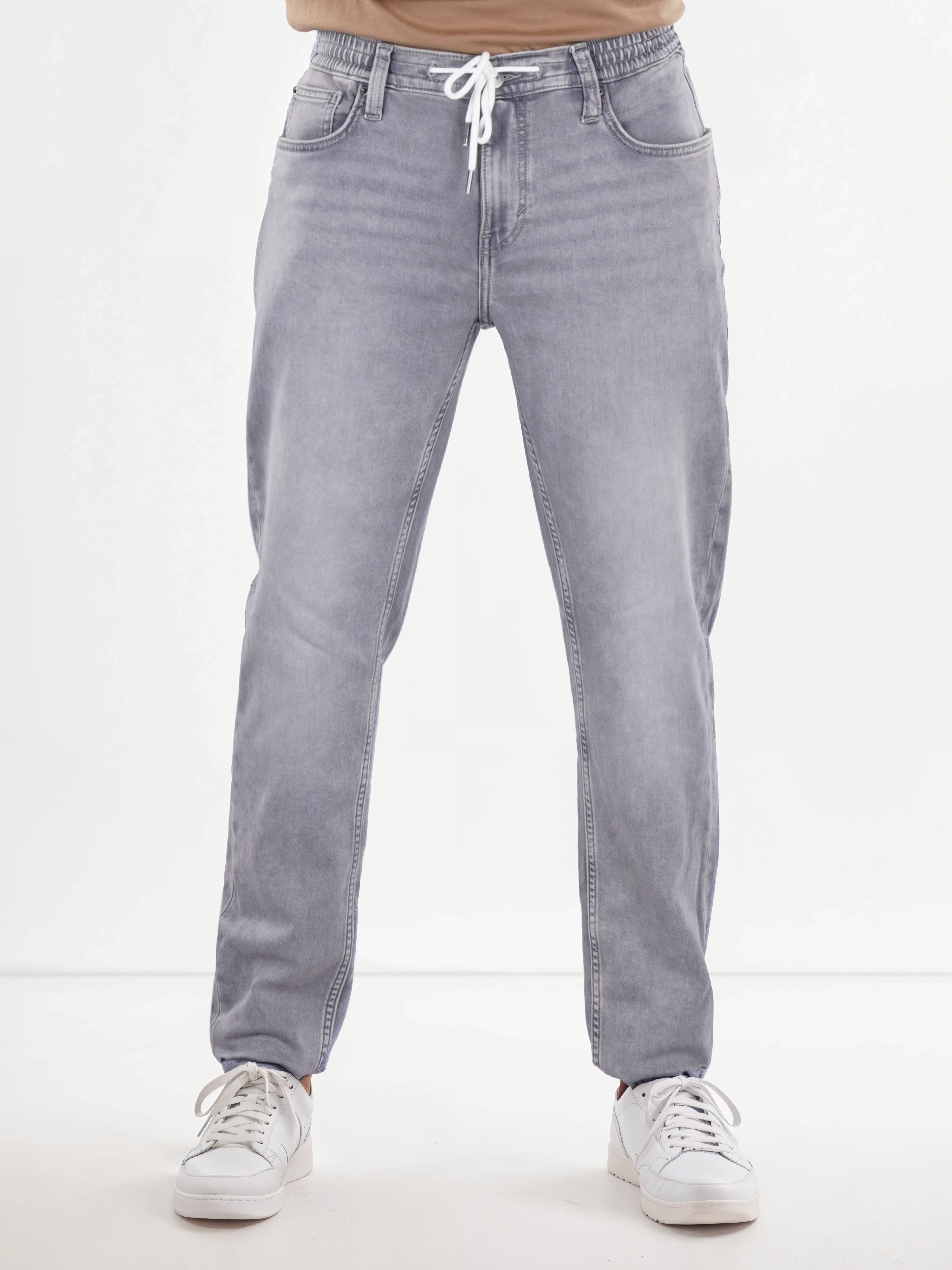 Celio Men Grey Solid Slim Fit Drawstring Cotton Jeans