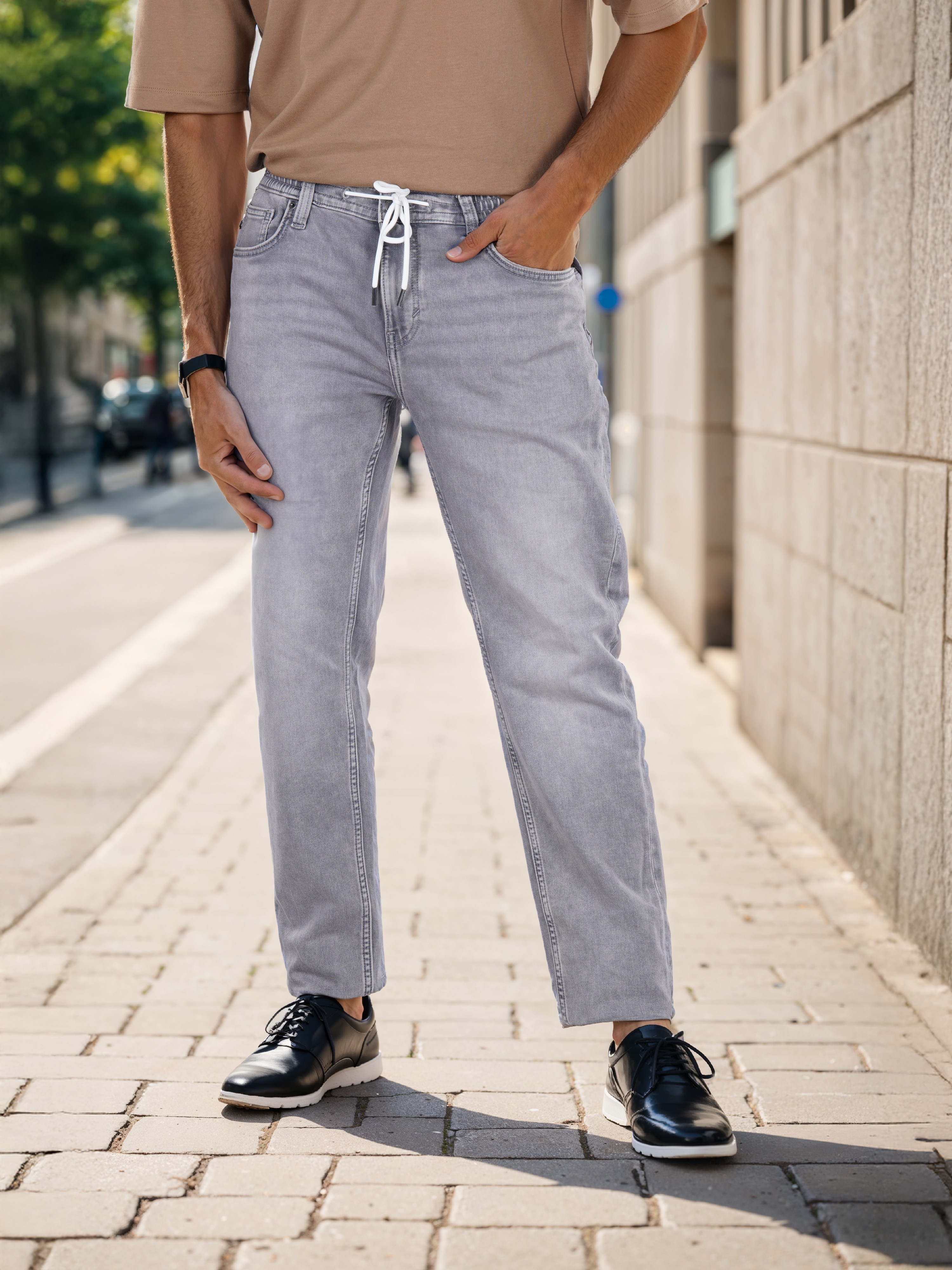 Celio Men Grey Solid Slim Fit Drawstring Cotton Jeans