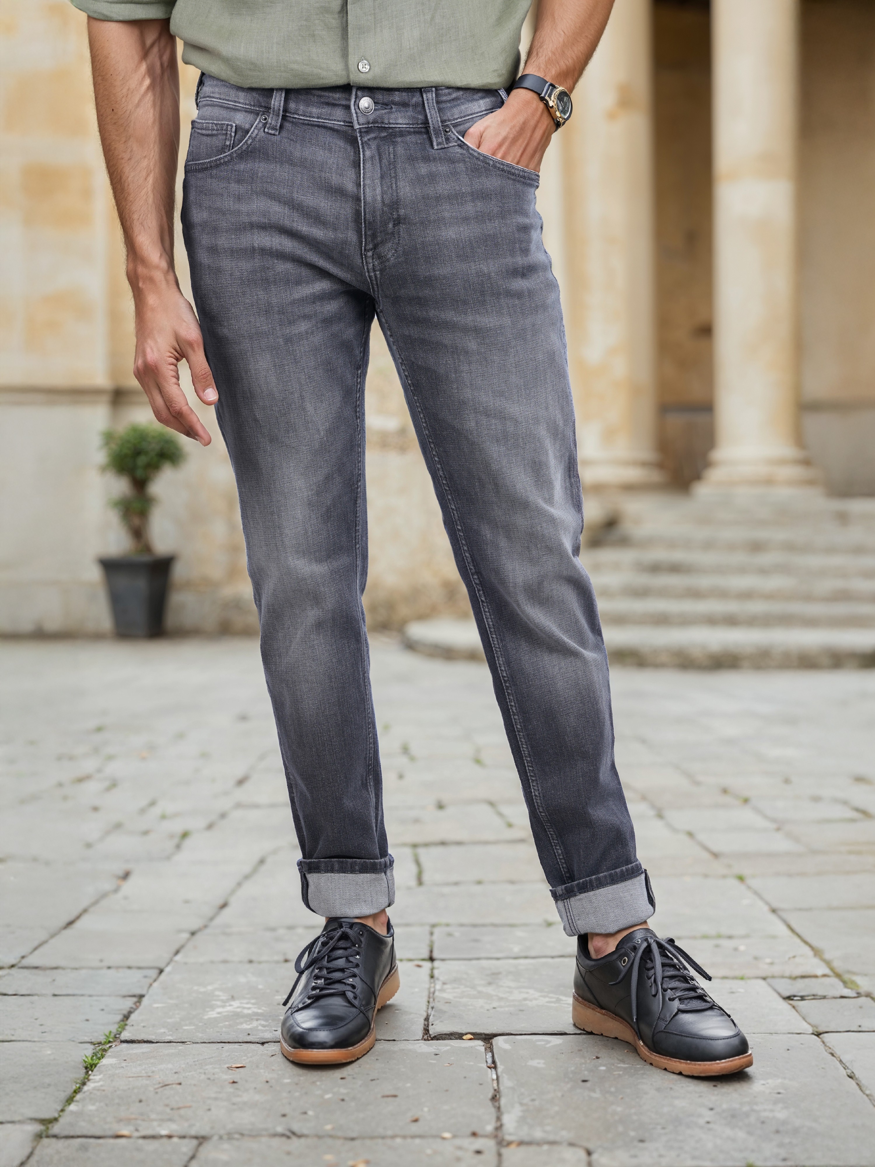 Celio Men Grey Solid Slim Fit Button and Zip Cotton Jeans