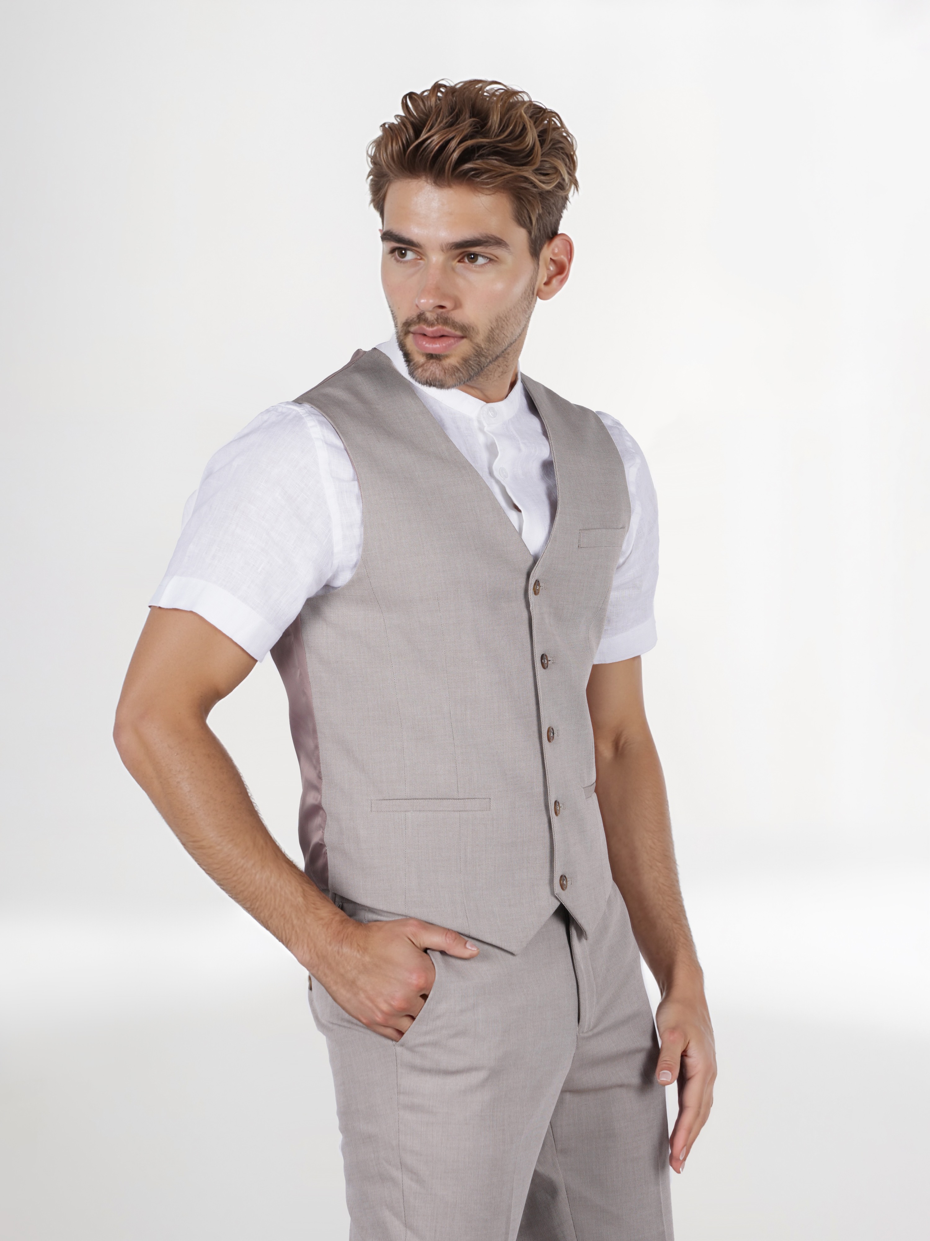 Celio Men Beige Solid Slim Fit Viscose Rayon Formal Waistcoat