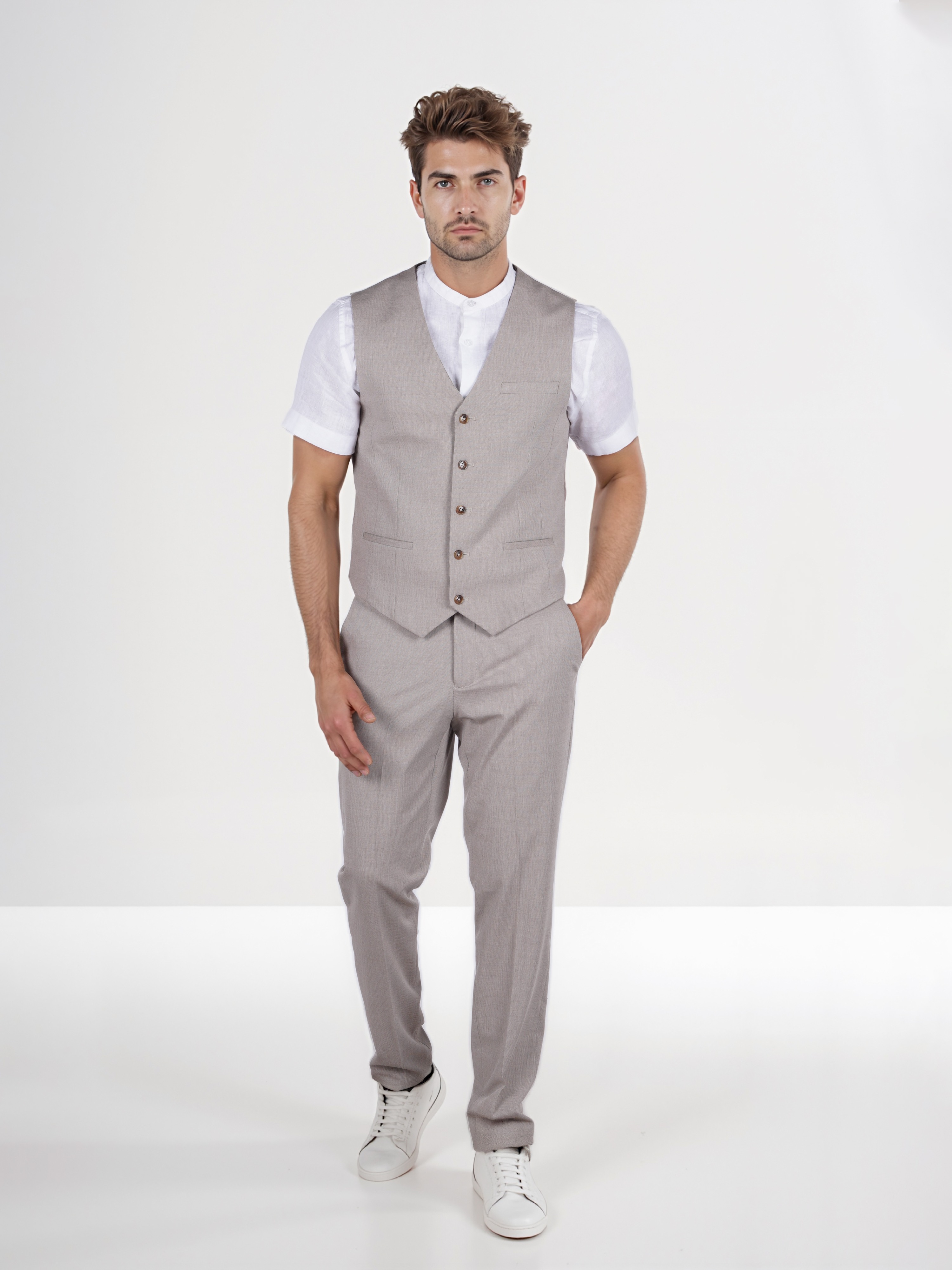 Celio Men Beige Solid Slim Fit Viscose Rayon Formal Waistcoat