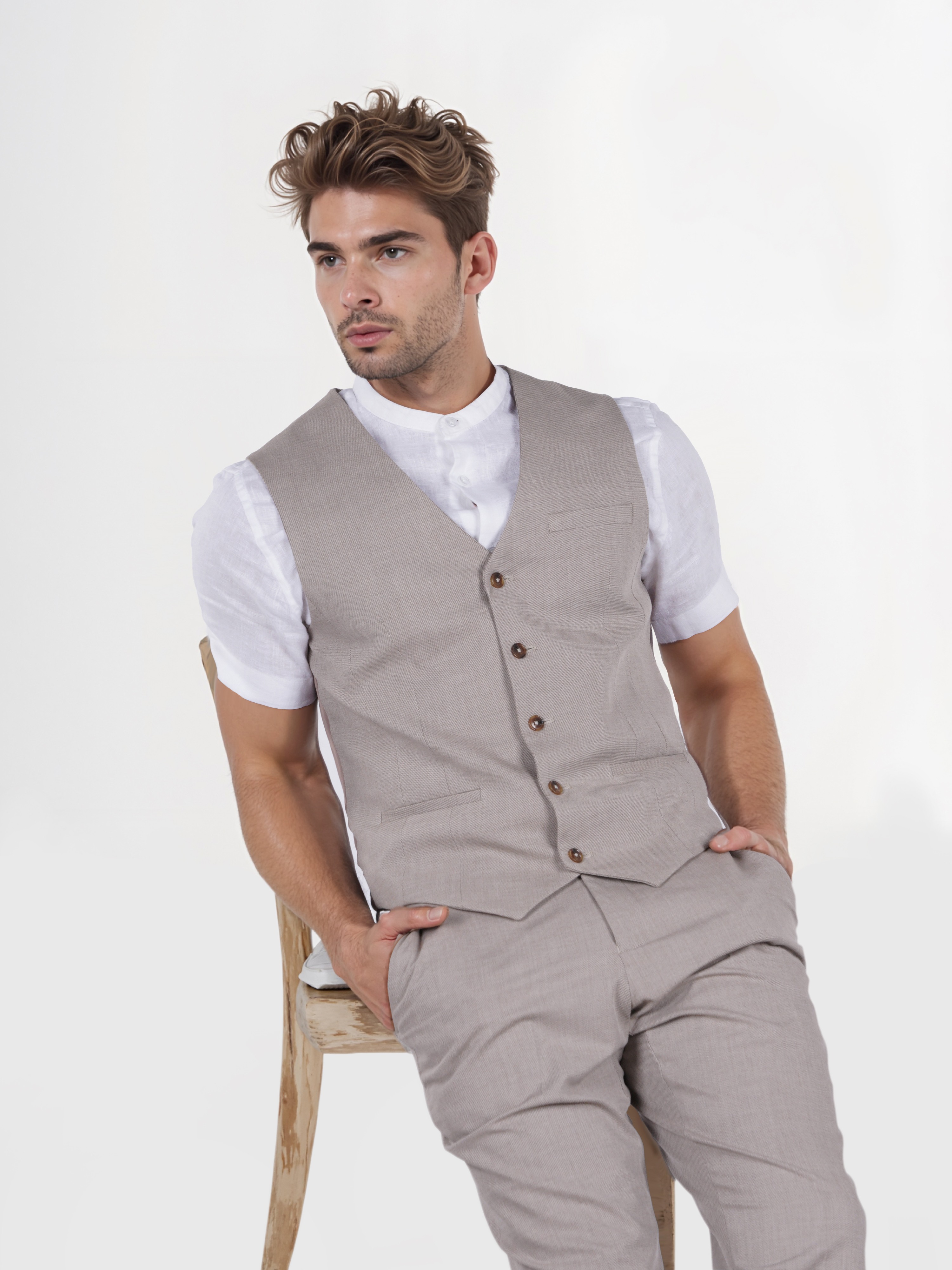 Celio Men Beige Solid Slim Fit Viscose Rayon Formal Waistcoat