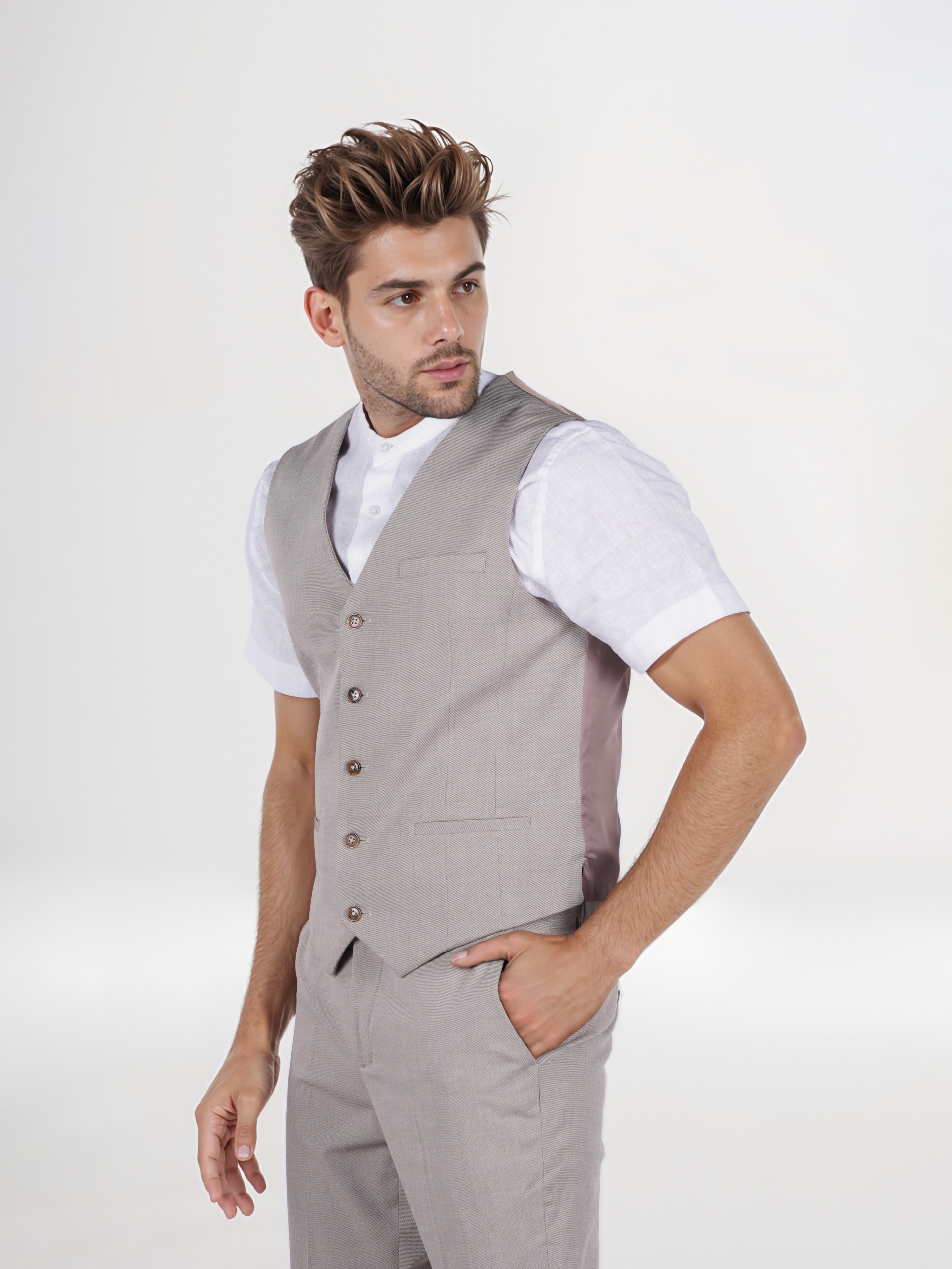 Celio Men Beige Solid Slim Fit Viscose Rayon Formal Waistcoat