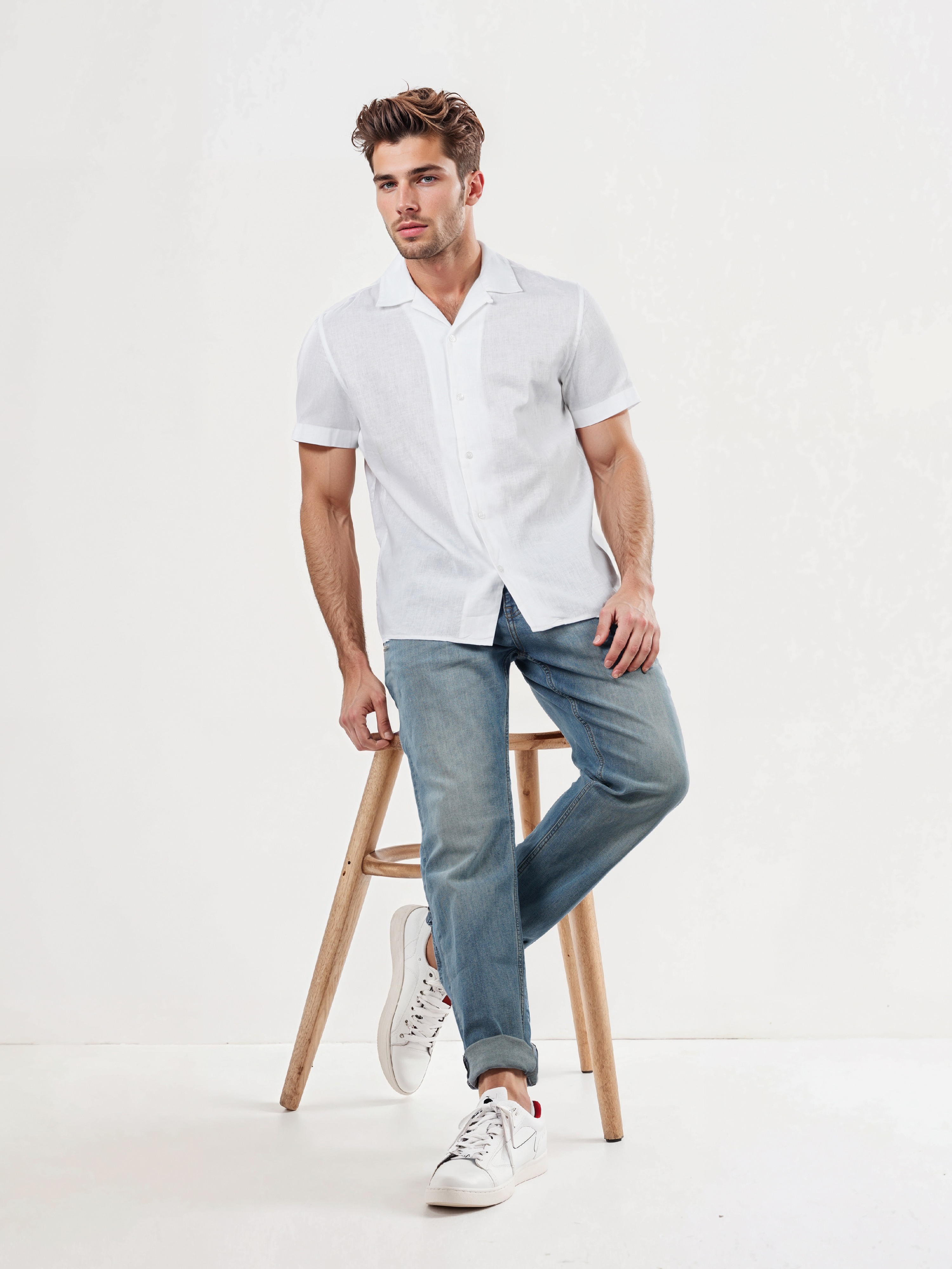 Celio Men White Solid Regular Fit Linen Shirt