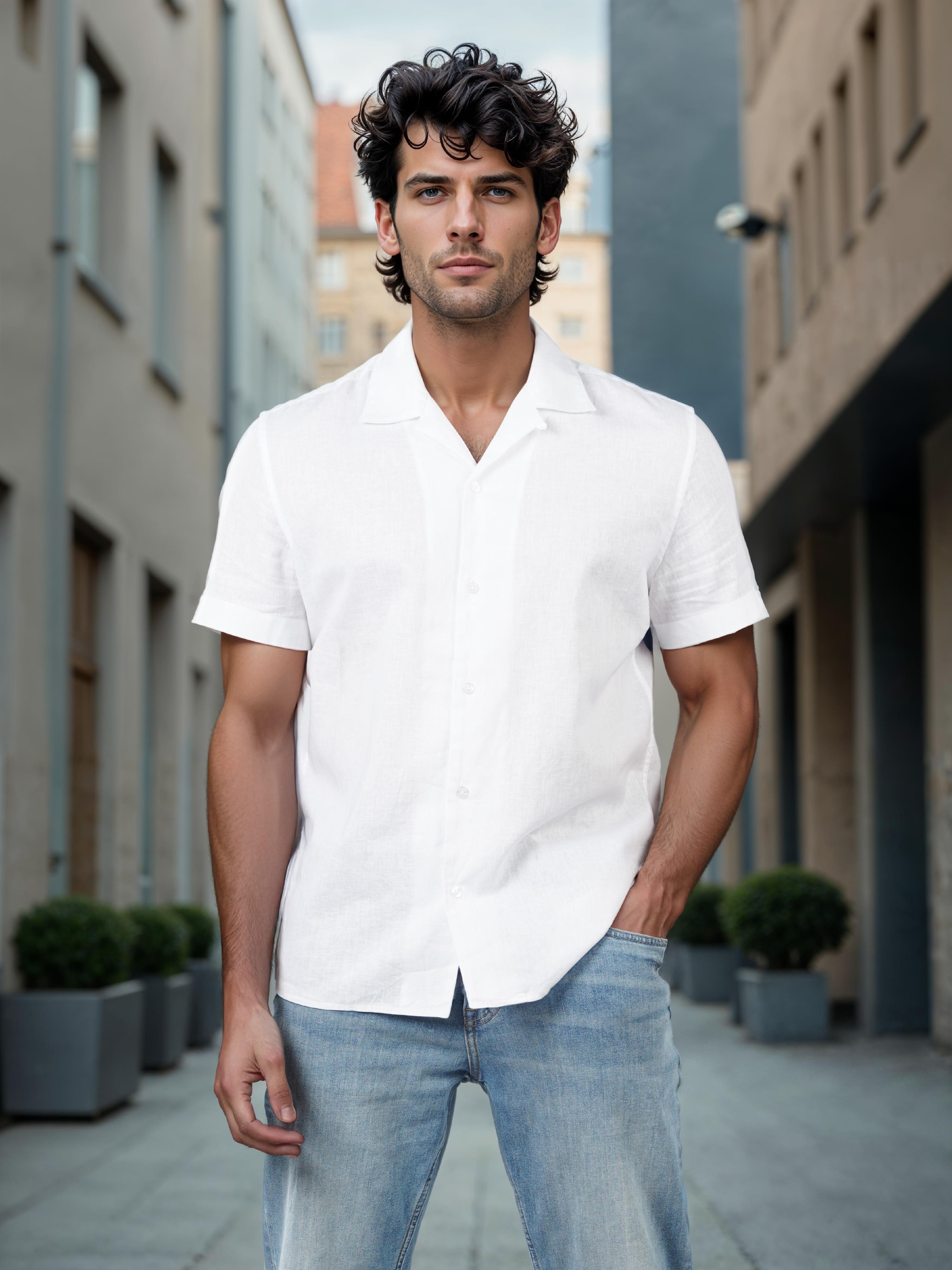 Celio Men White Solid Regular Fit Linen Shirt