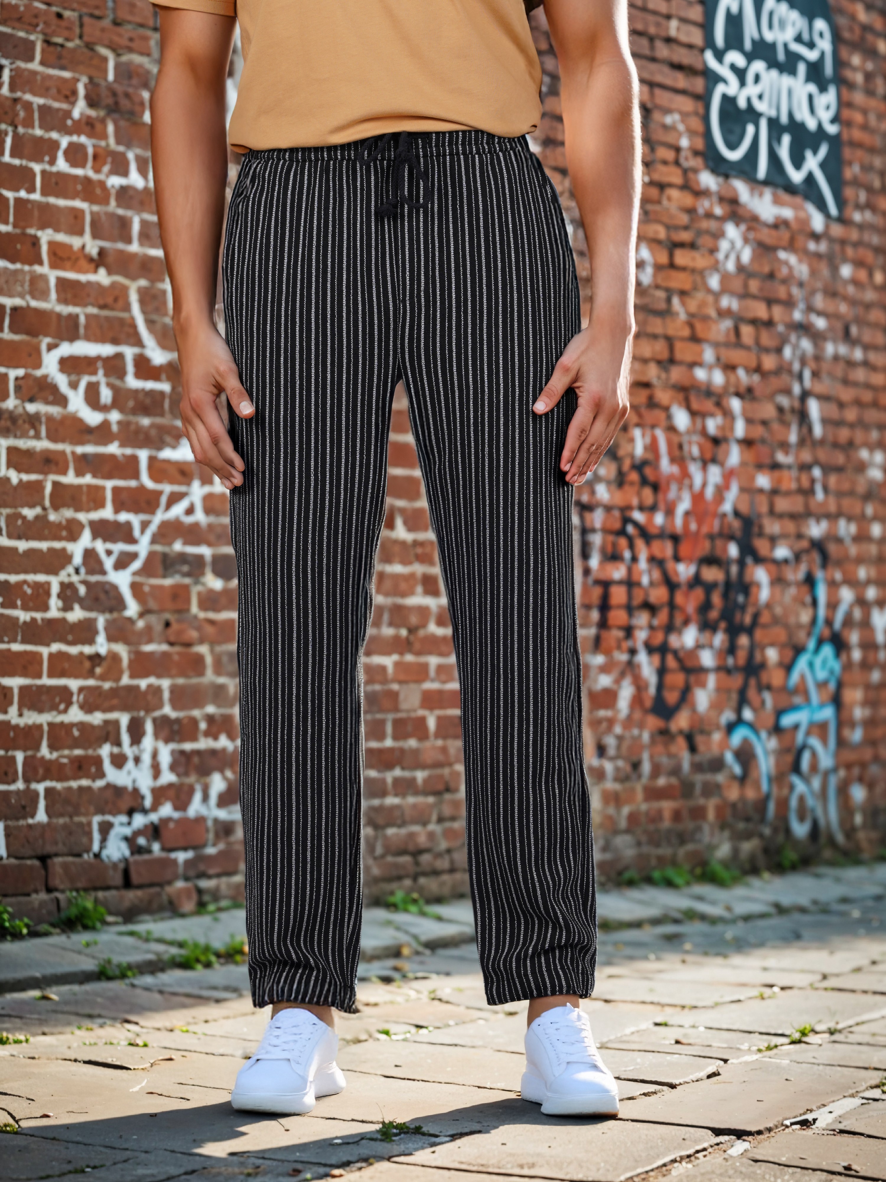 Celio Men Black Striped Relaxed Fit Polyester Jog Trouser
