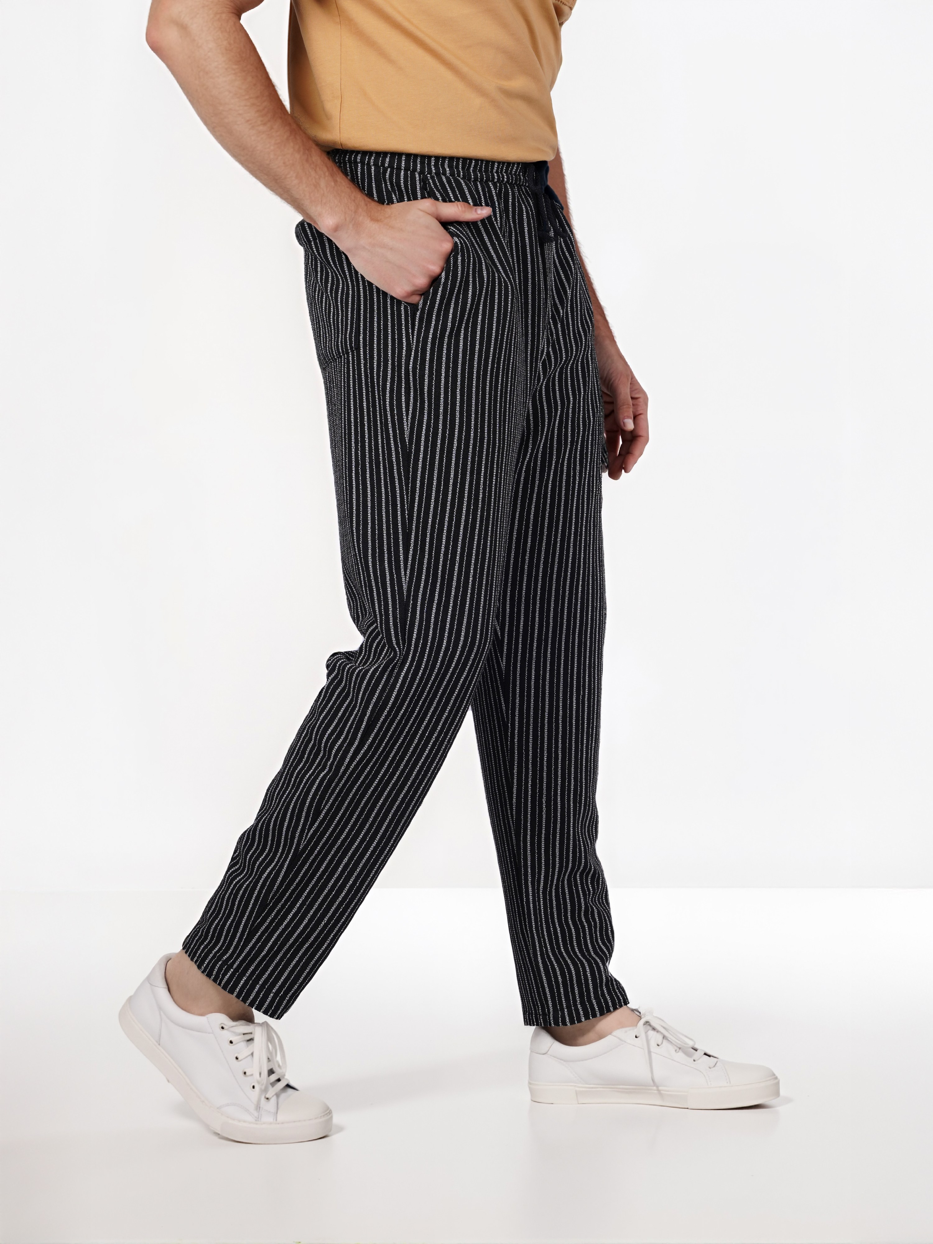 Celio Men Black Striped Relaxed Fit Polyester Jog Trouser
