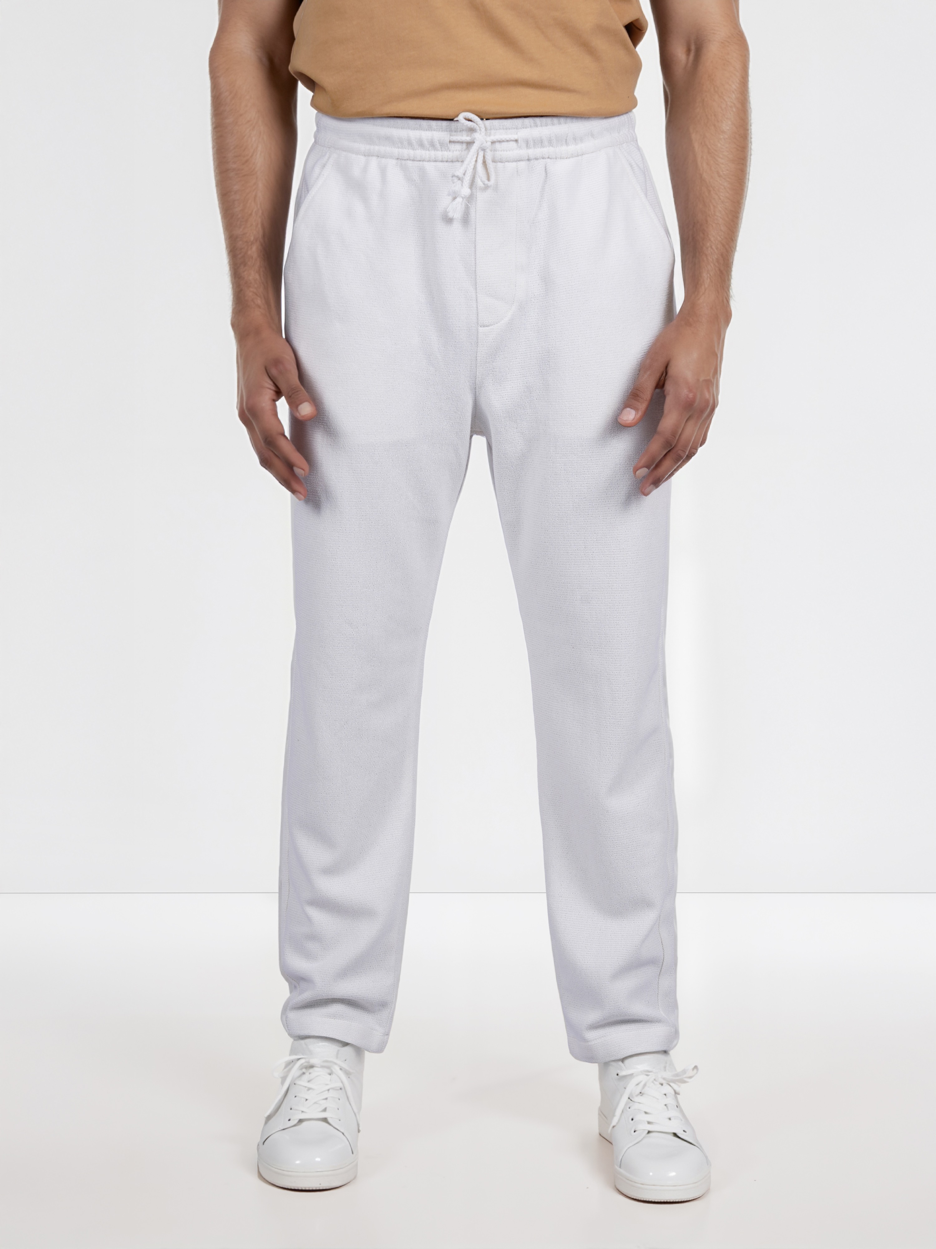 Celio Men White Solid Regular Fit Polyester Fashion Trouser