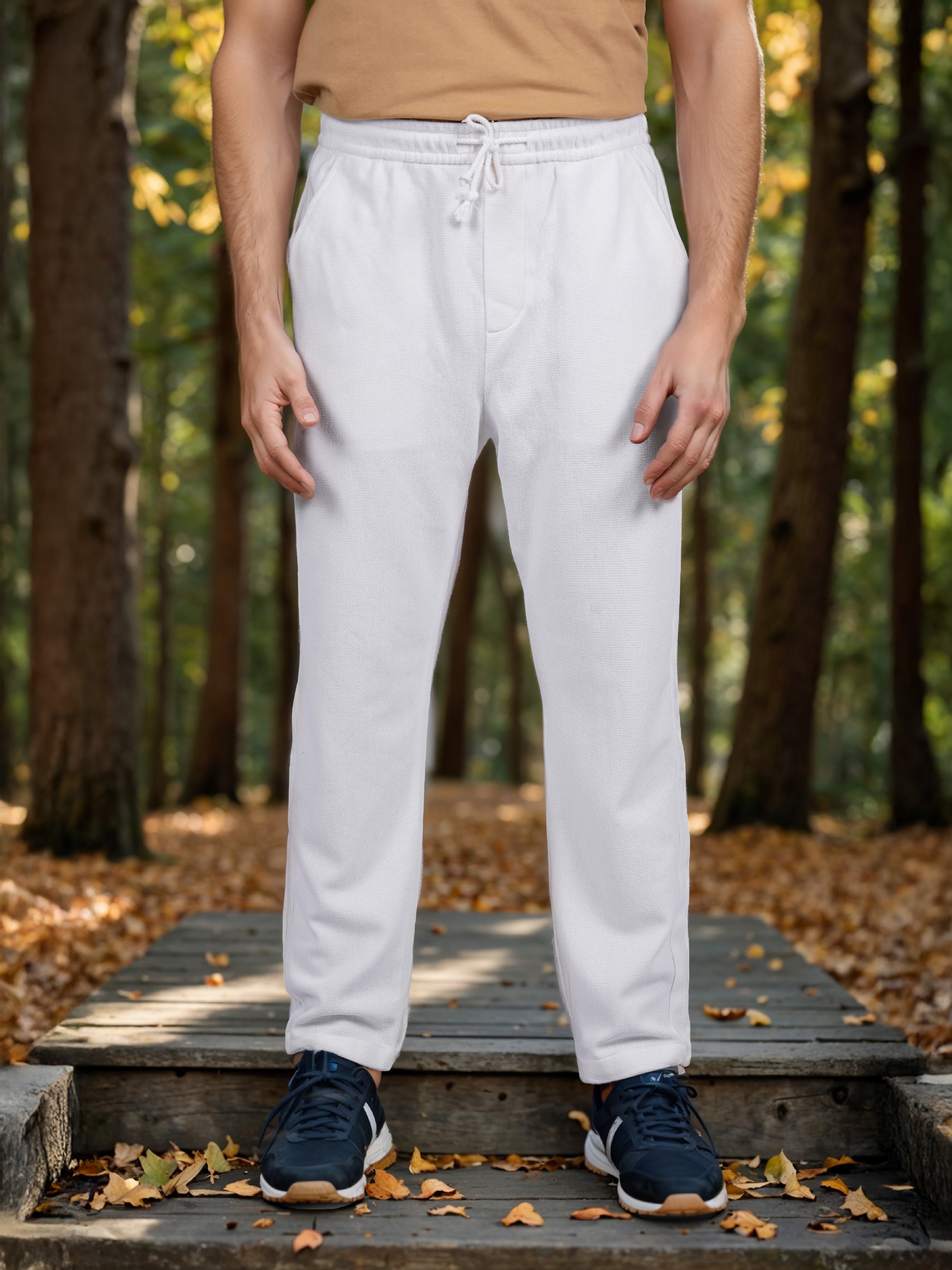 Celio Men White Solid Regular Fit Polyester Fashion Trouser